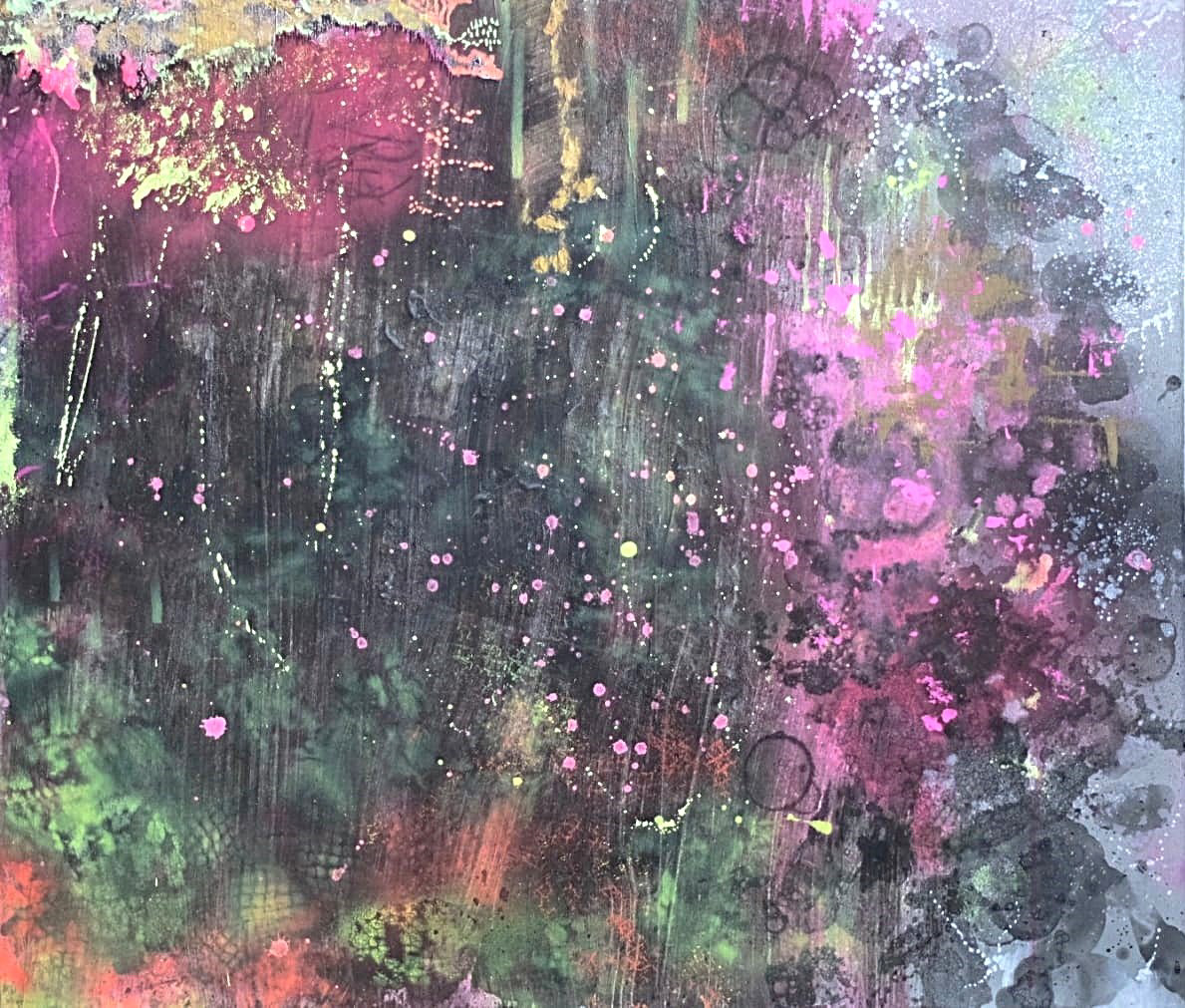Constellate III. Acrylics, spray, markers, pigment on canvas. 60 x 70 cm.