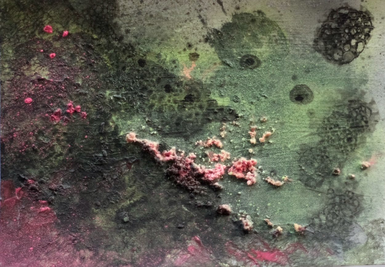Constellate I. Acrylics, pumice gel, spray on canvas. 15 x 21 cm. SOLD.