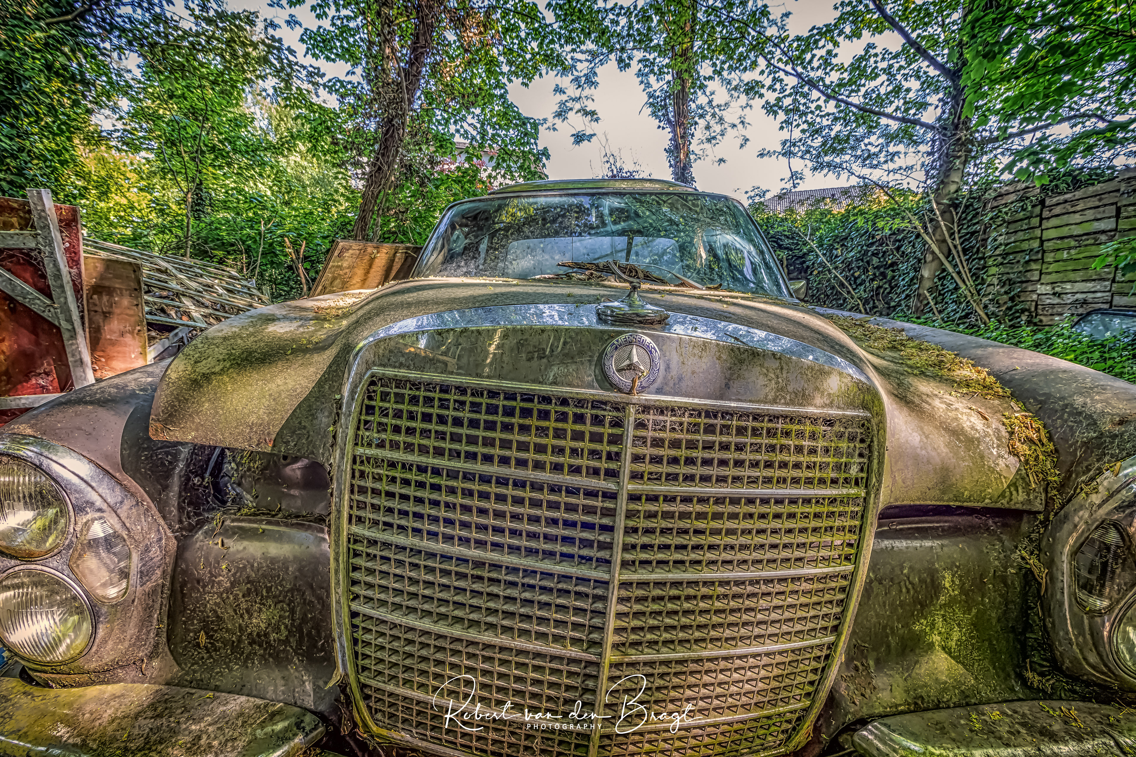 oude mercedes in de tuin