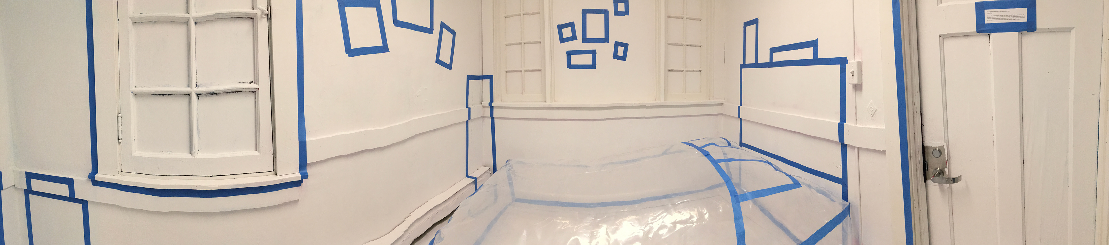 "I lie in his bed with the girl he was supposed to marry" - Blue tape, plastic, box fan.