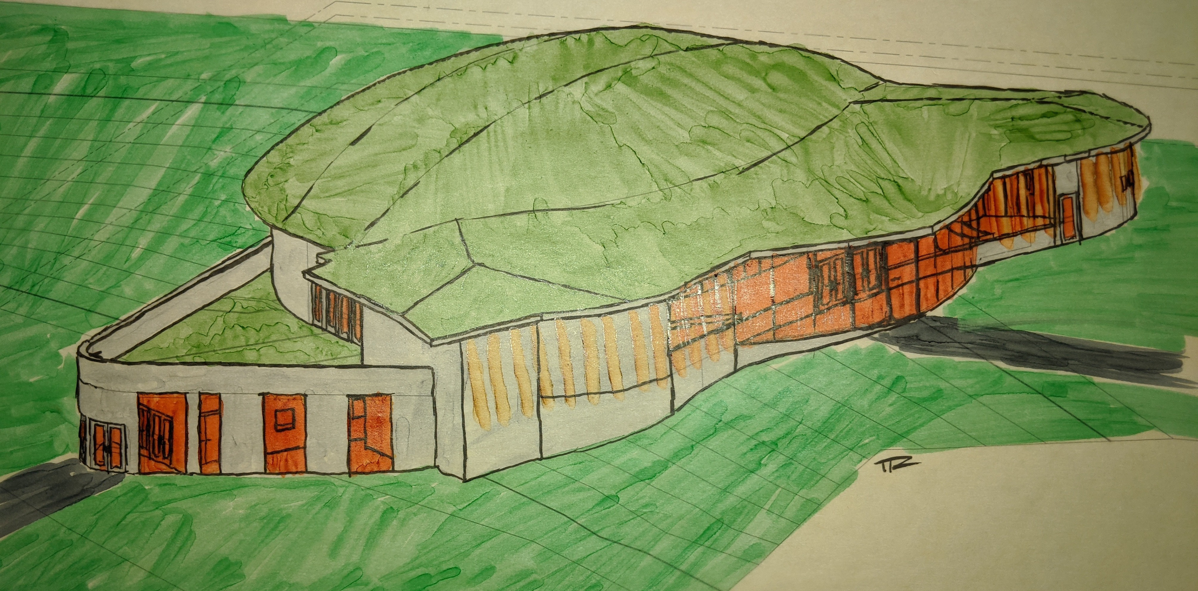 An earlier vision that included spaced wooden paneling to protect from sunlight and a fully green roof.