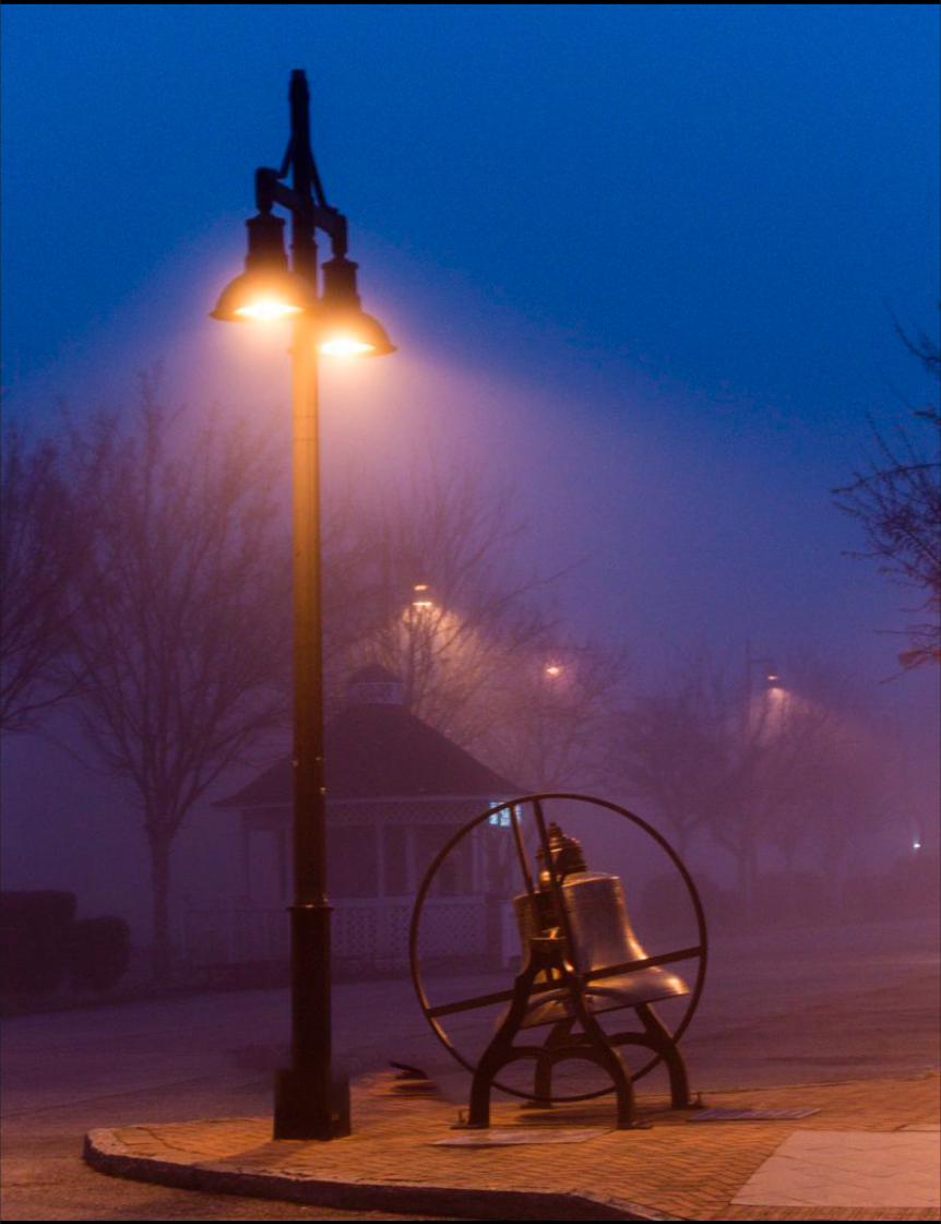 predawn photograph of the Freedom Bell on Main Street in Stone Mountain Georgia  