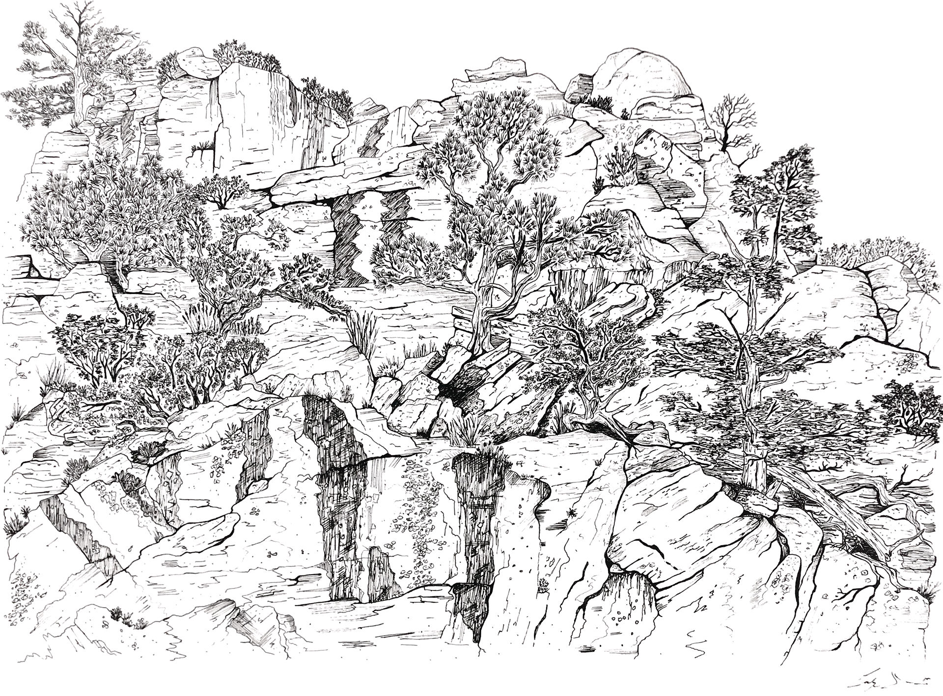 Wichita Mountain gorge in Oklahoma, pen and ink