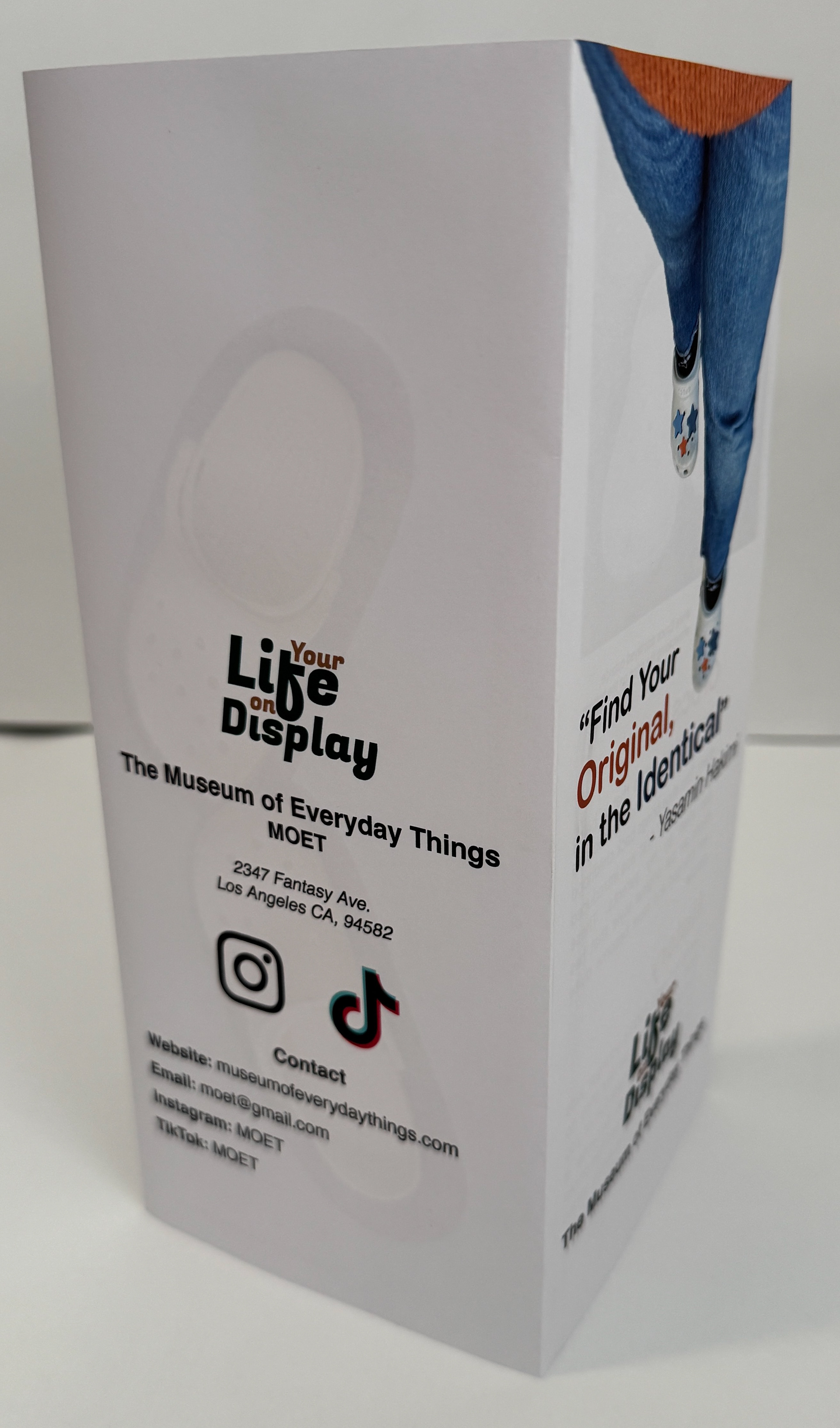 Back side of brochure with social media and contact