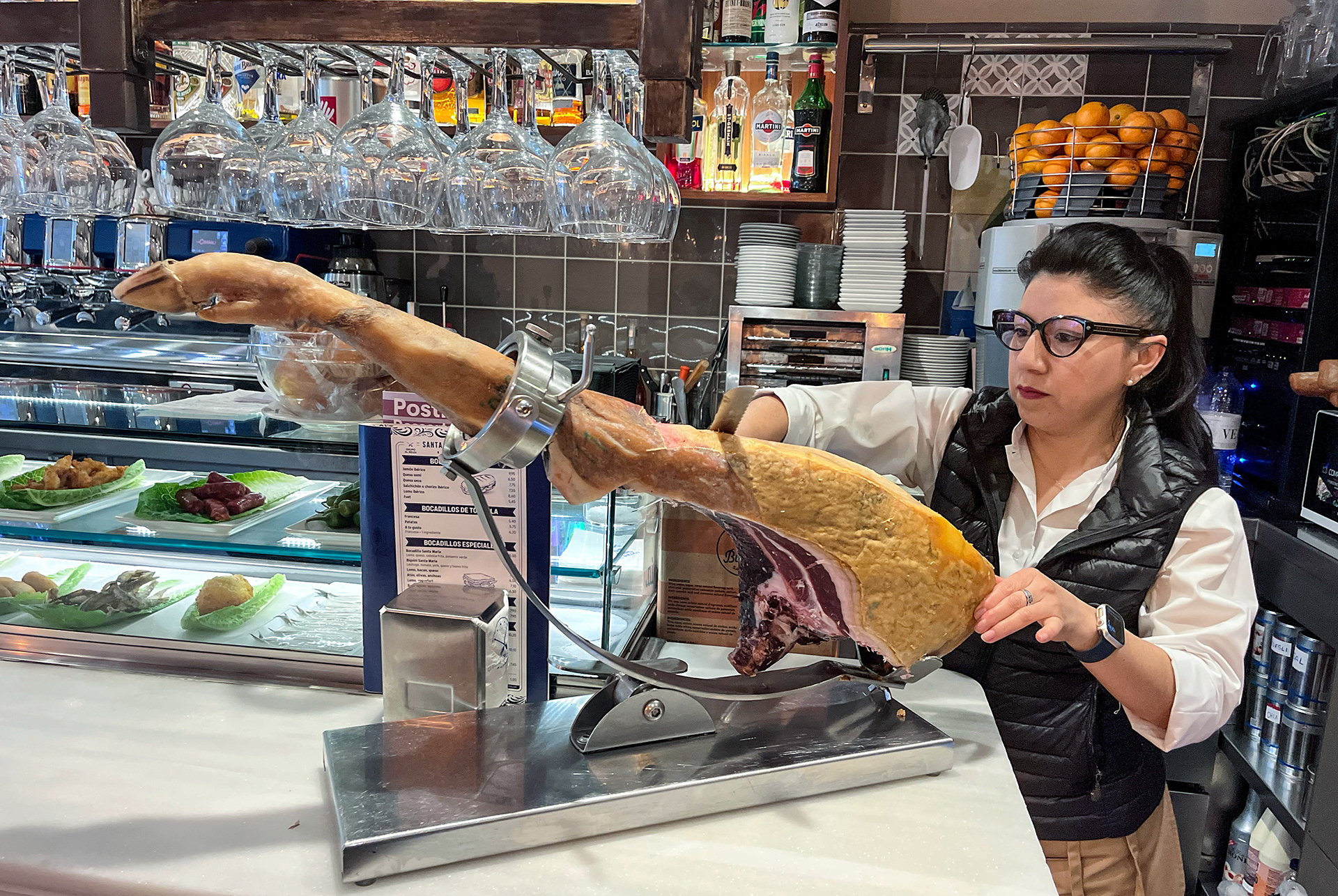 Slicing Jamón ibérico in a Barcelona Lunch Deli