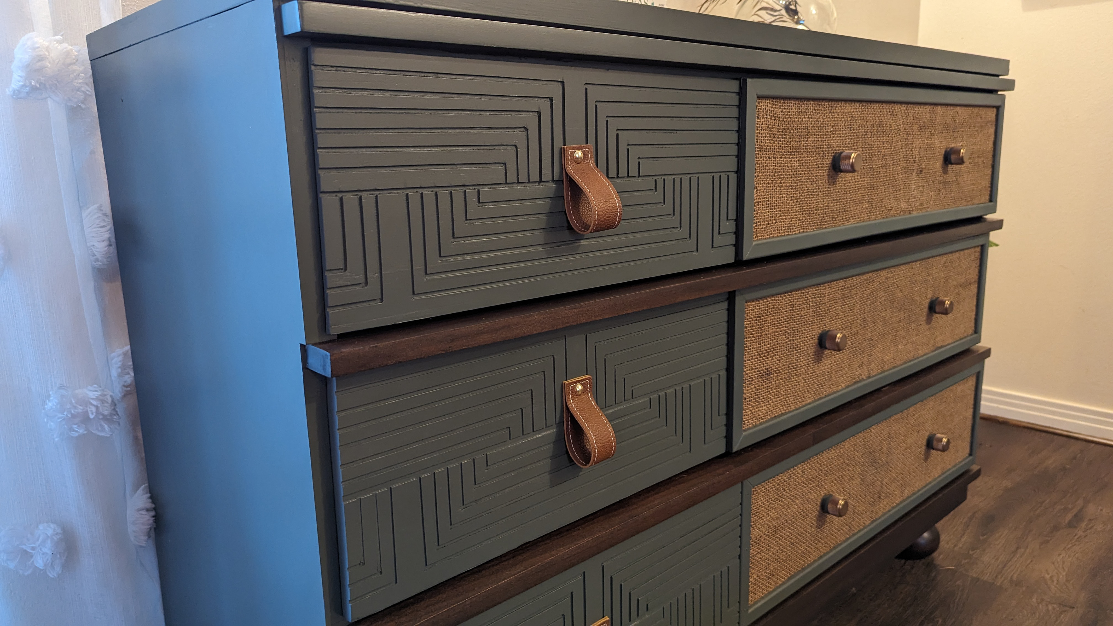 Hand engraved geometric pattern 6 drawer dresser