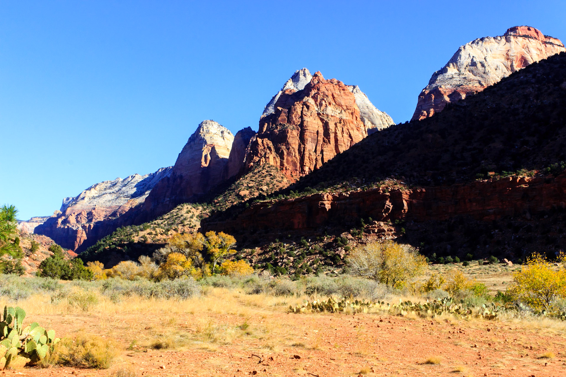 From left to right: Mountain of the Sun, Twin Brothers (grey), Mount Spry (red), The East Temple.