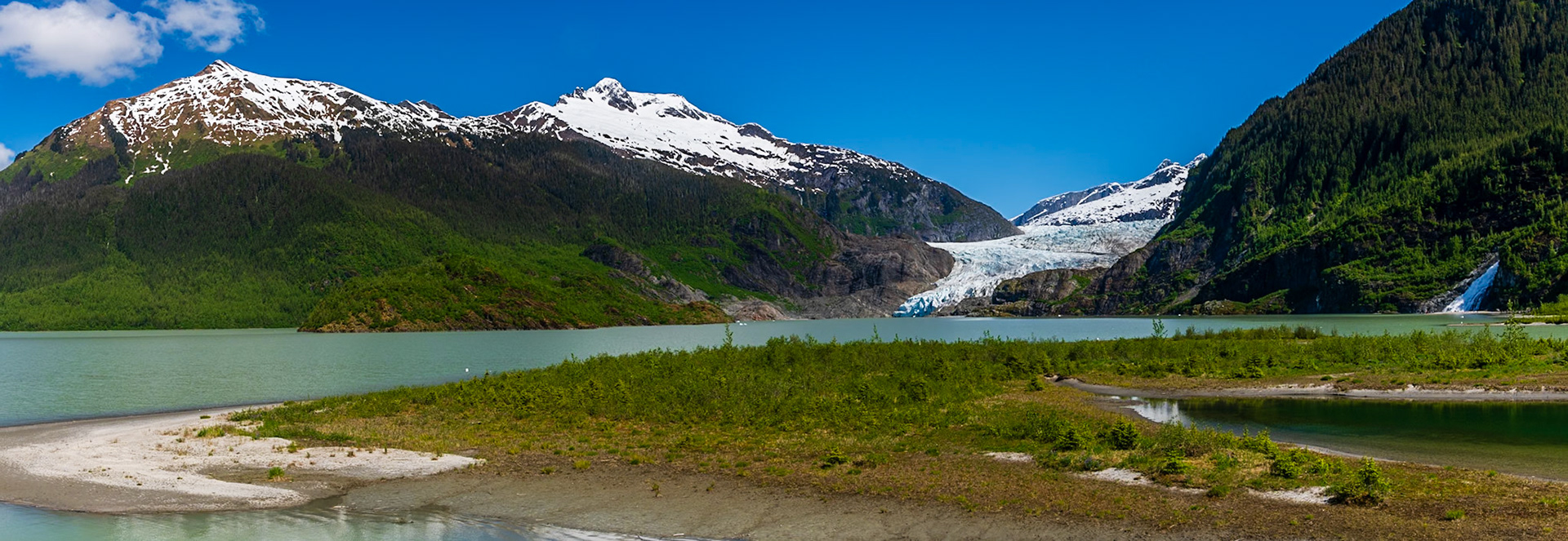 Panorama of Mendenhall Glacier and Mendenhall Lake.