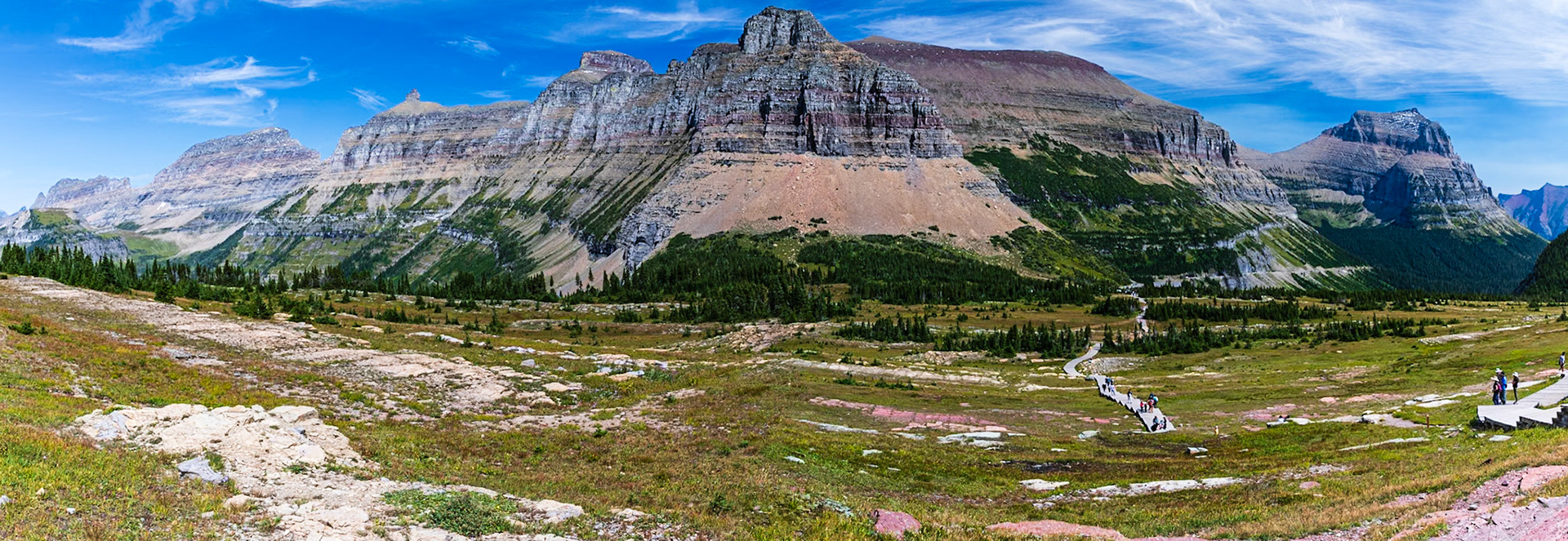 Panorama from Hidden Lake Trail at Logan Pass.