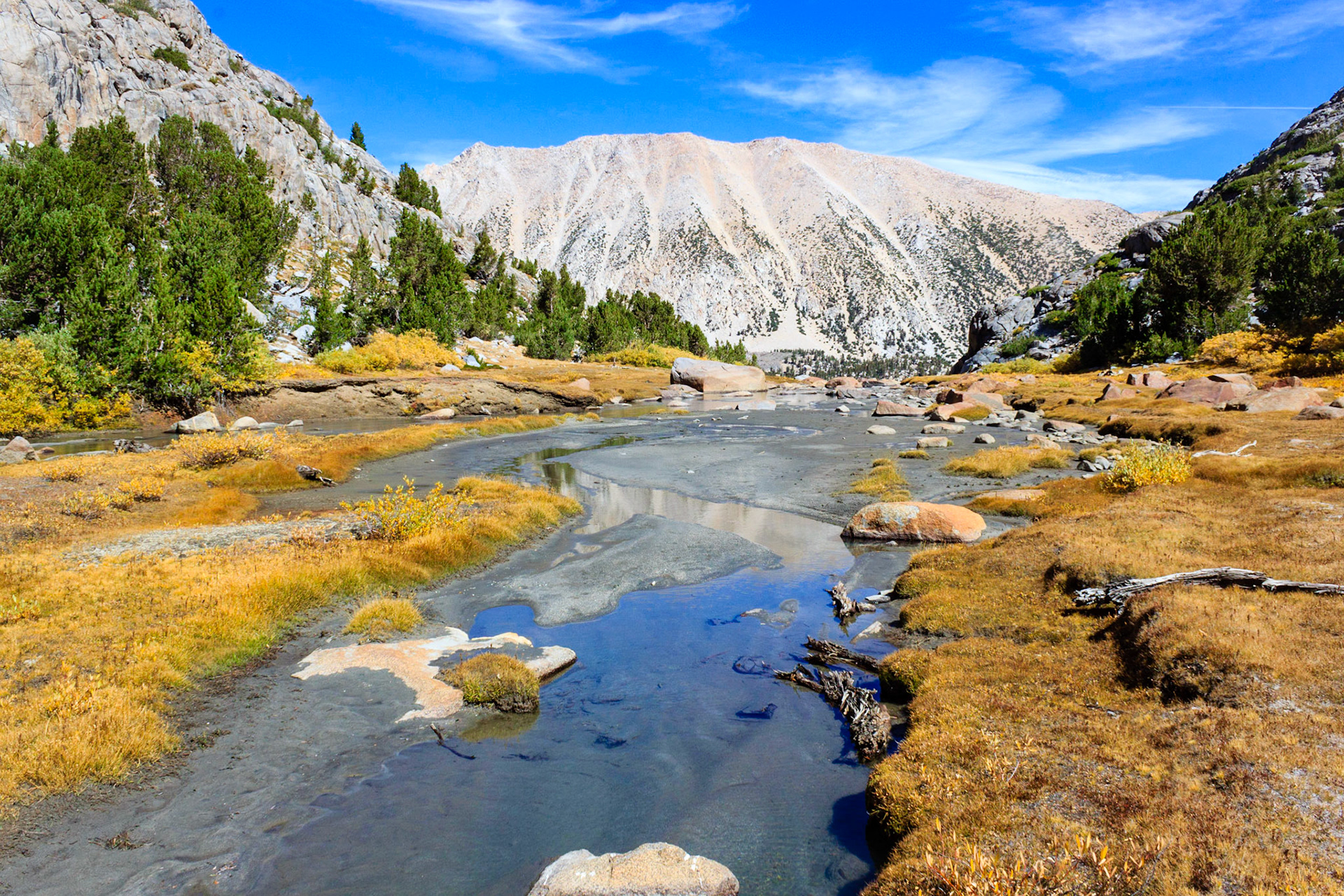 Stream flowing towards the outlet of Sam Mack Meadow where it will cascade down towards the lakes.