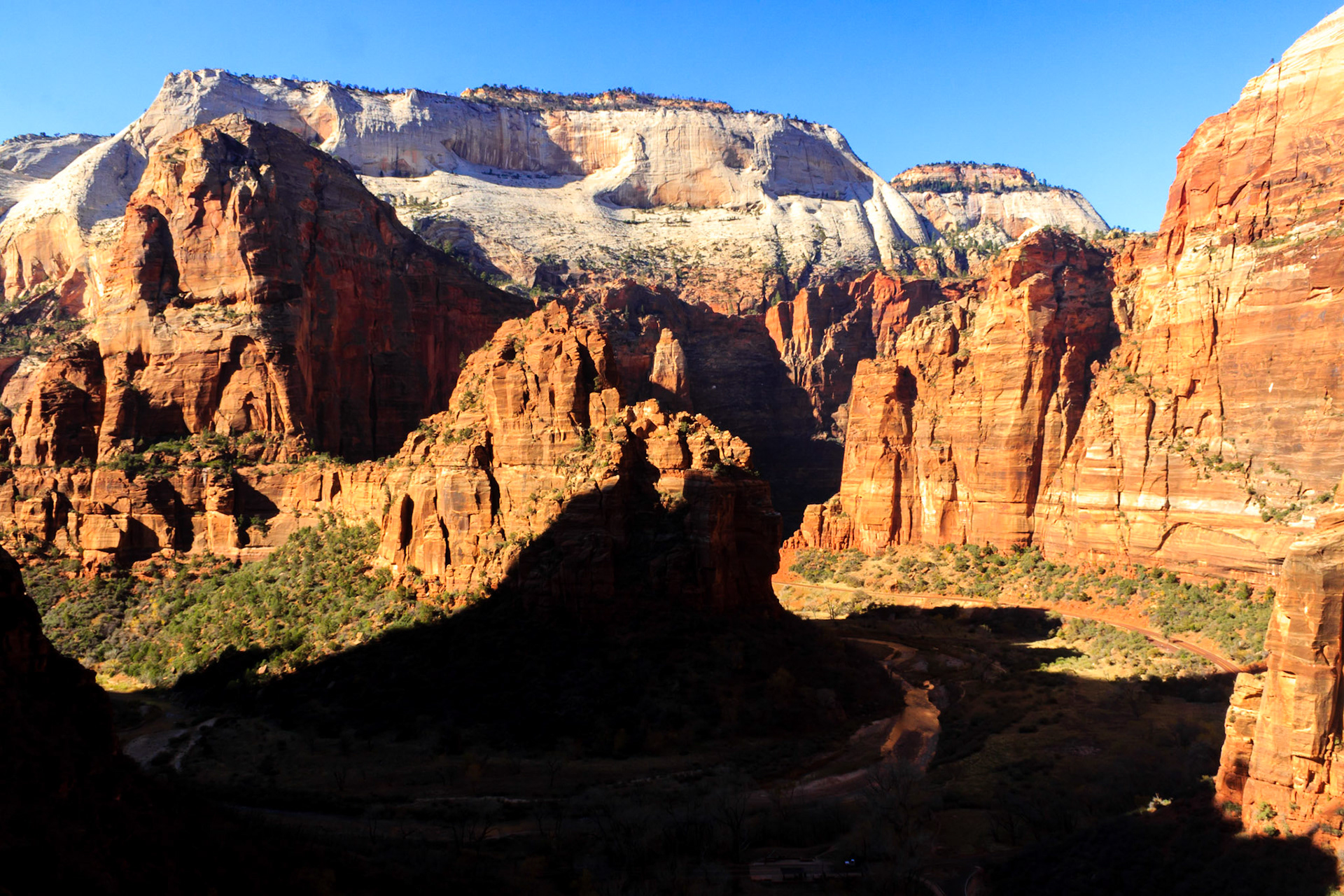 View of Angel's Landing (red peak, left), Cathedral Mountain (white peak, center), and The Organ (red peak, center) from the initial switchbacks on the Observation Point trail.