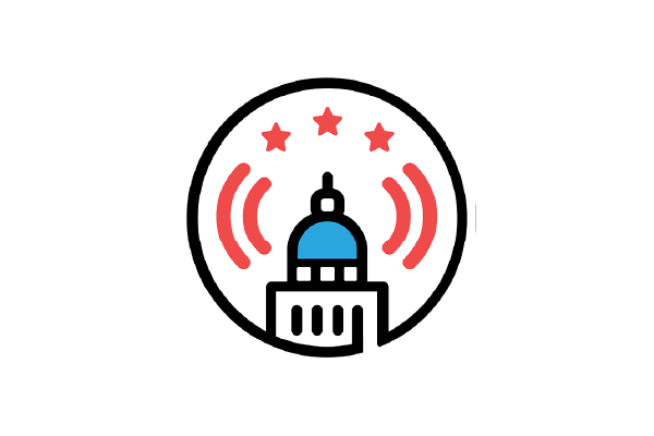 A graphic of Washington D.C. Capital in a black bordered circle with red stars above it