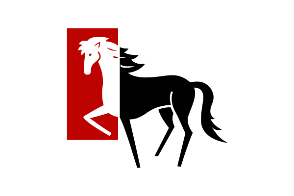 A graphic of a horse with a front leg bent in red, white and black
