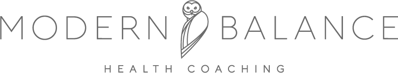 logo with the words modern balance in all caps with a picture of an owl in between with the words health coaching underneath