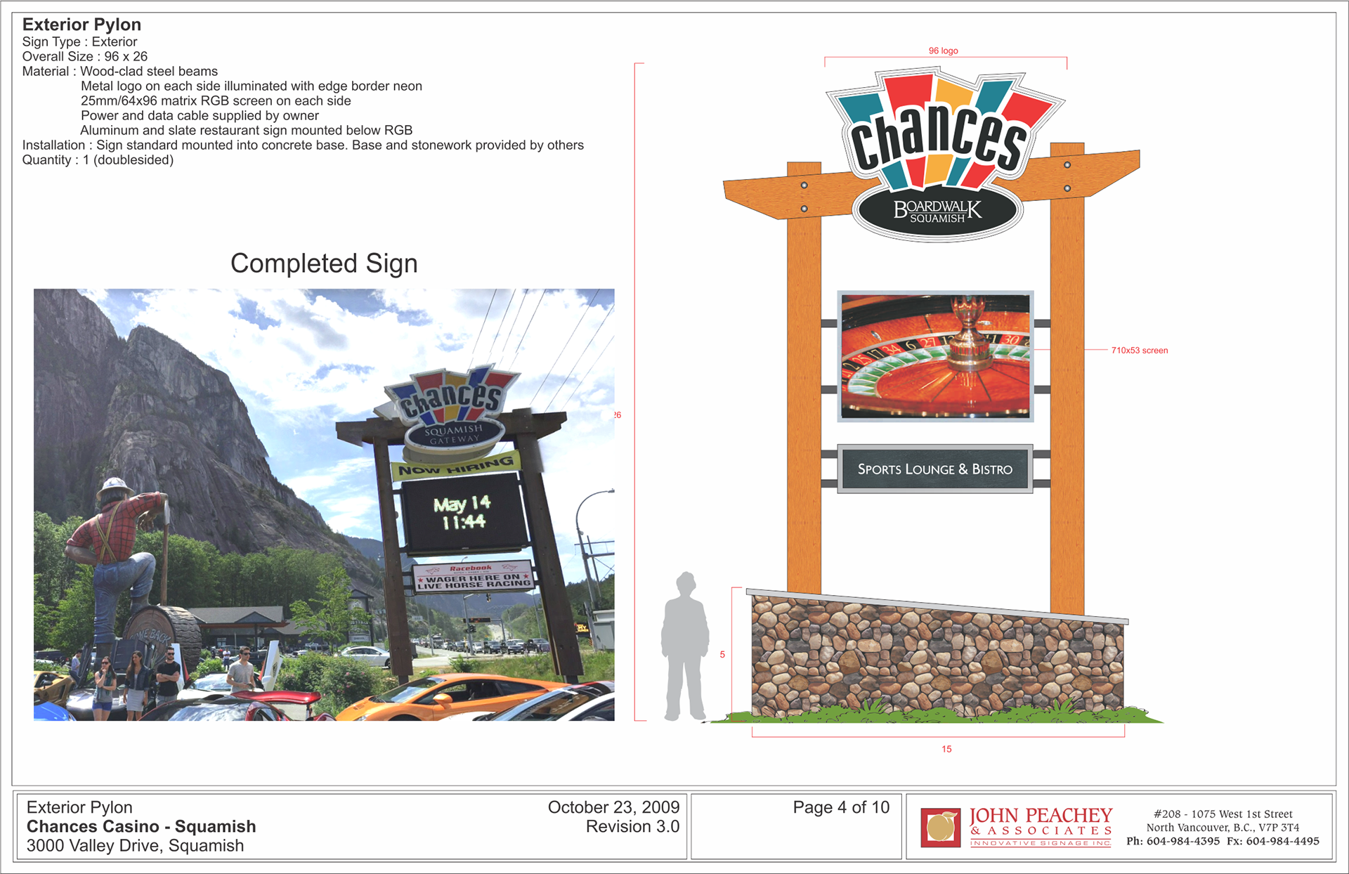 Production specs for plinth sign for Chances Casino, Squamish