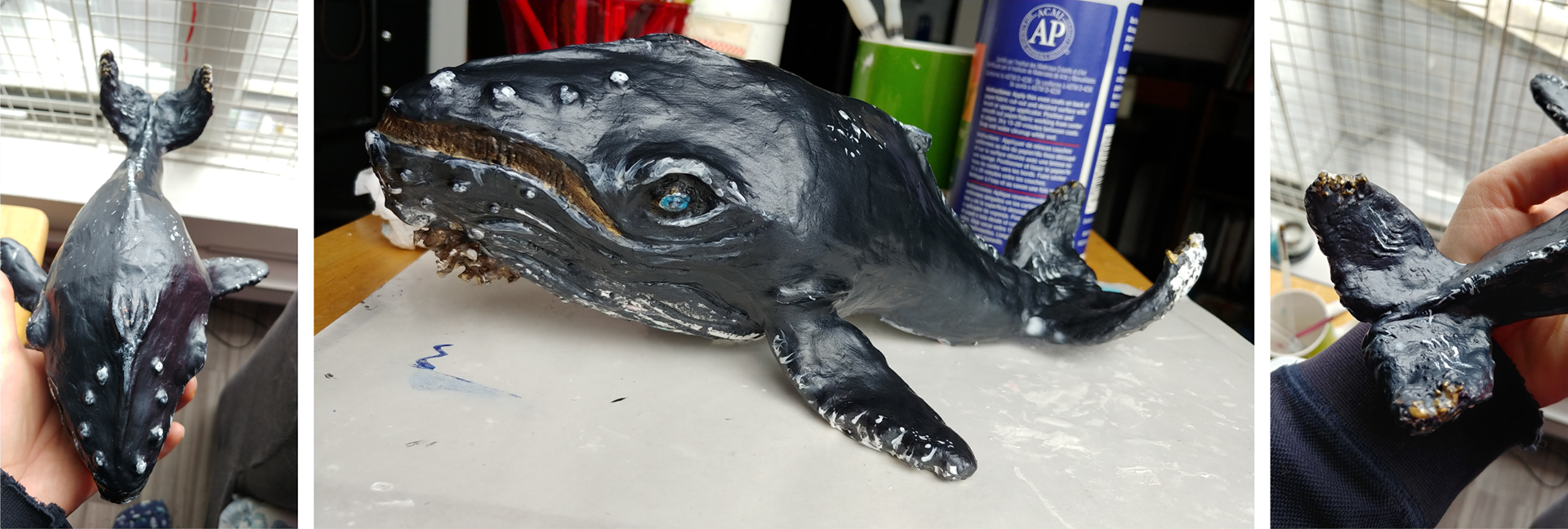 Air-dry clay and acrylic paint over wire and paper armature