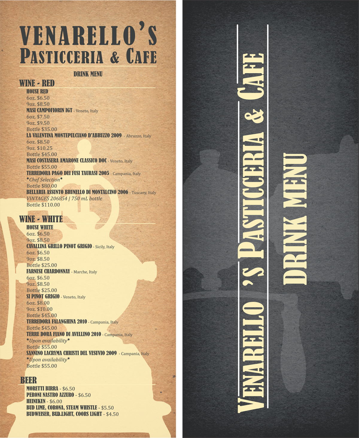 Menu for a café in Ontario
