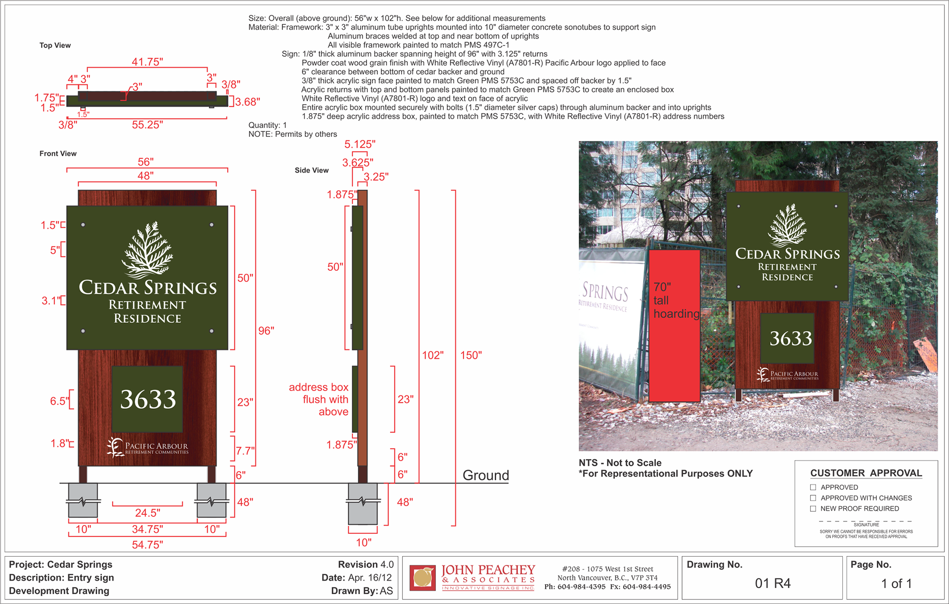 Production specs for Cedar Springs residential sign, North Vancouver, BC