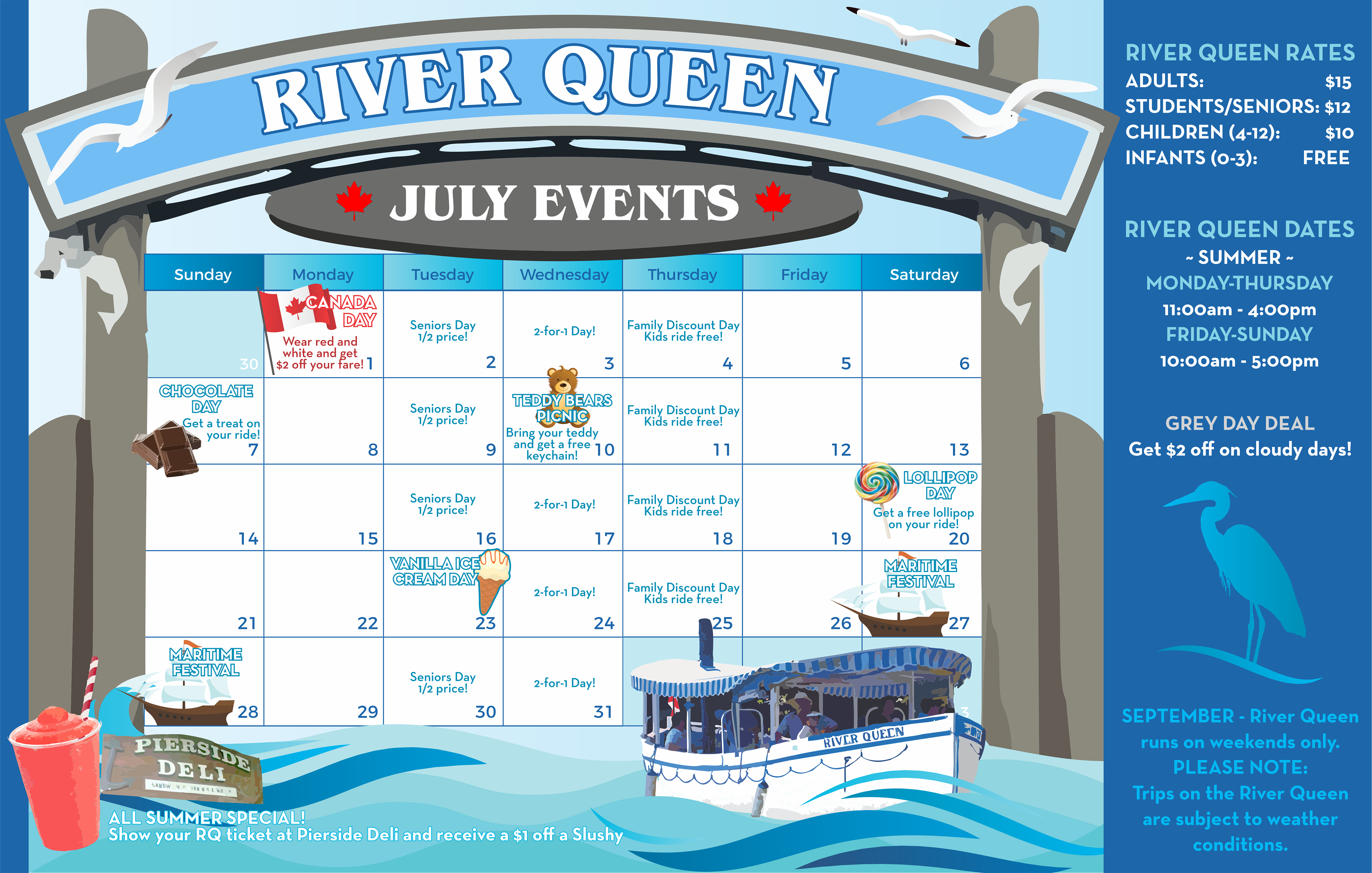 Ticket kiosk calendar of events for River Queen in Steveston