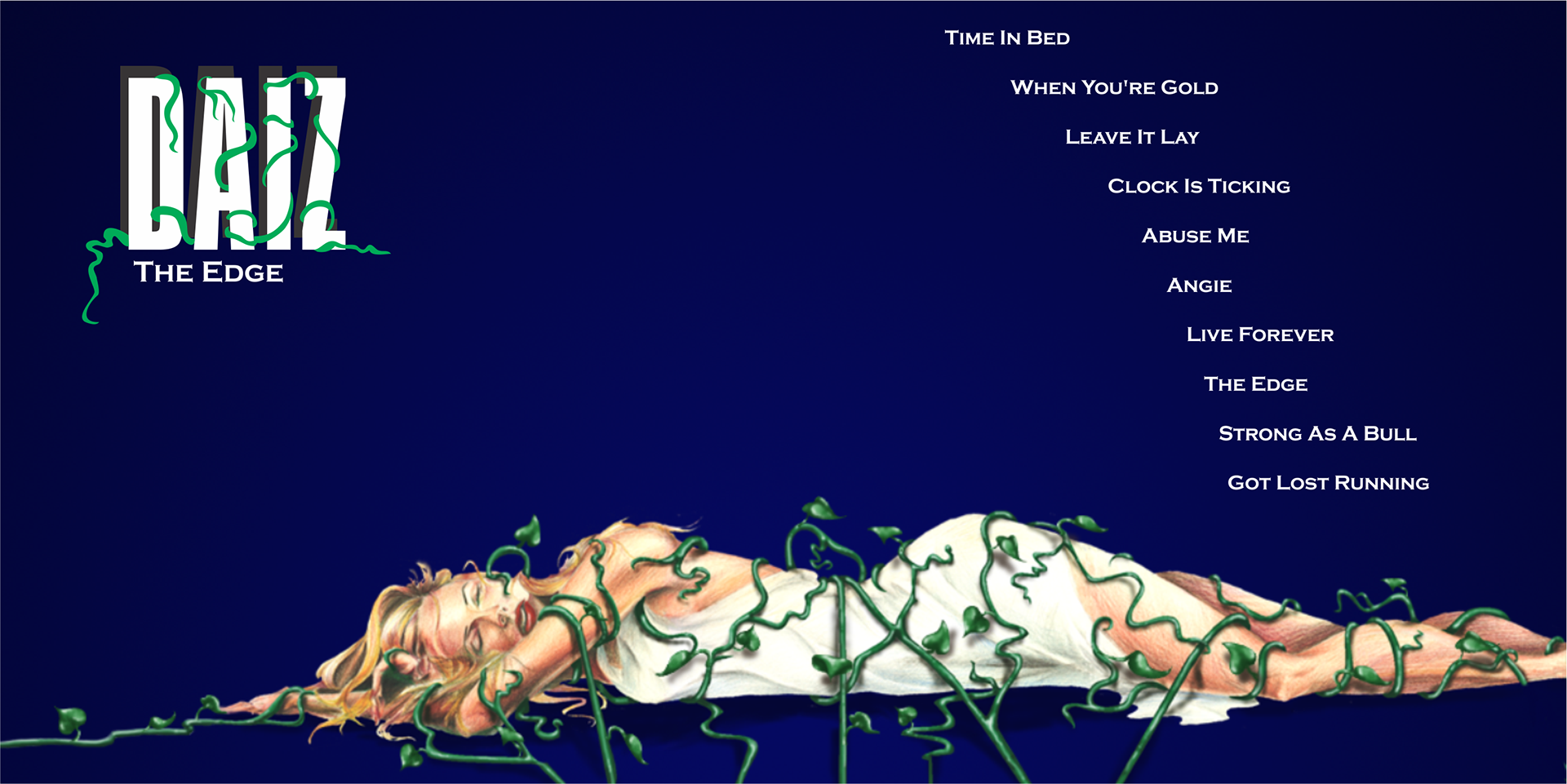 Pencil crayon on paper scanned and added to CD cover design. Digitally-painted vines.