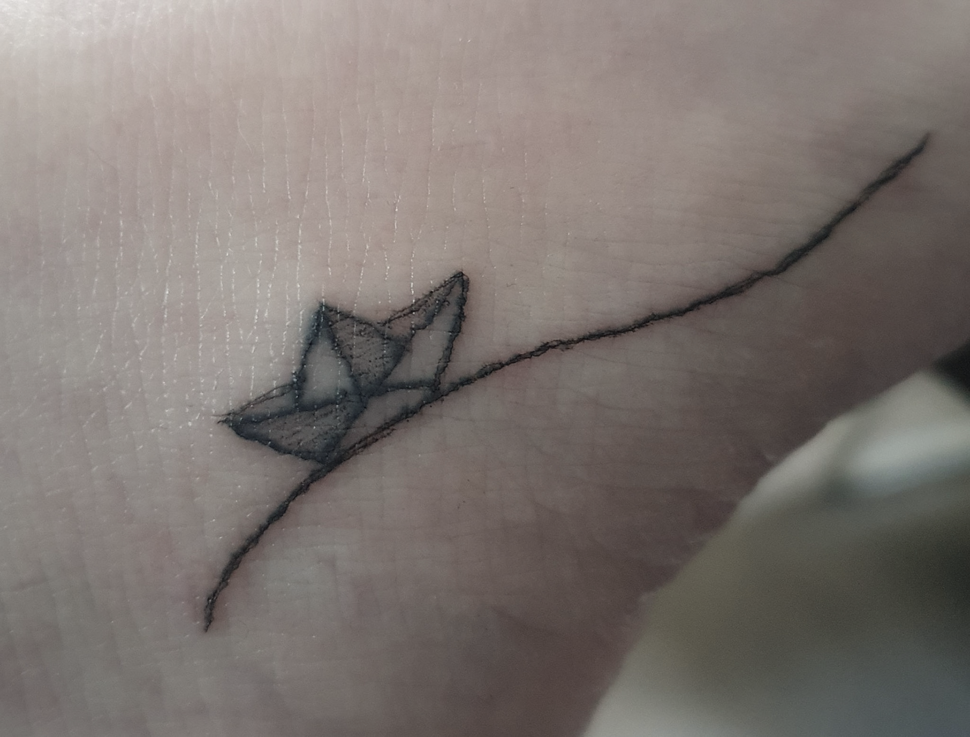 Tattoo in my own foot To gain a deeper understanding of needle placement, I made a decision to tattoo myself. This is the first tattoo I've done that depicts a small paper boat on my foot.