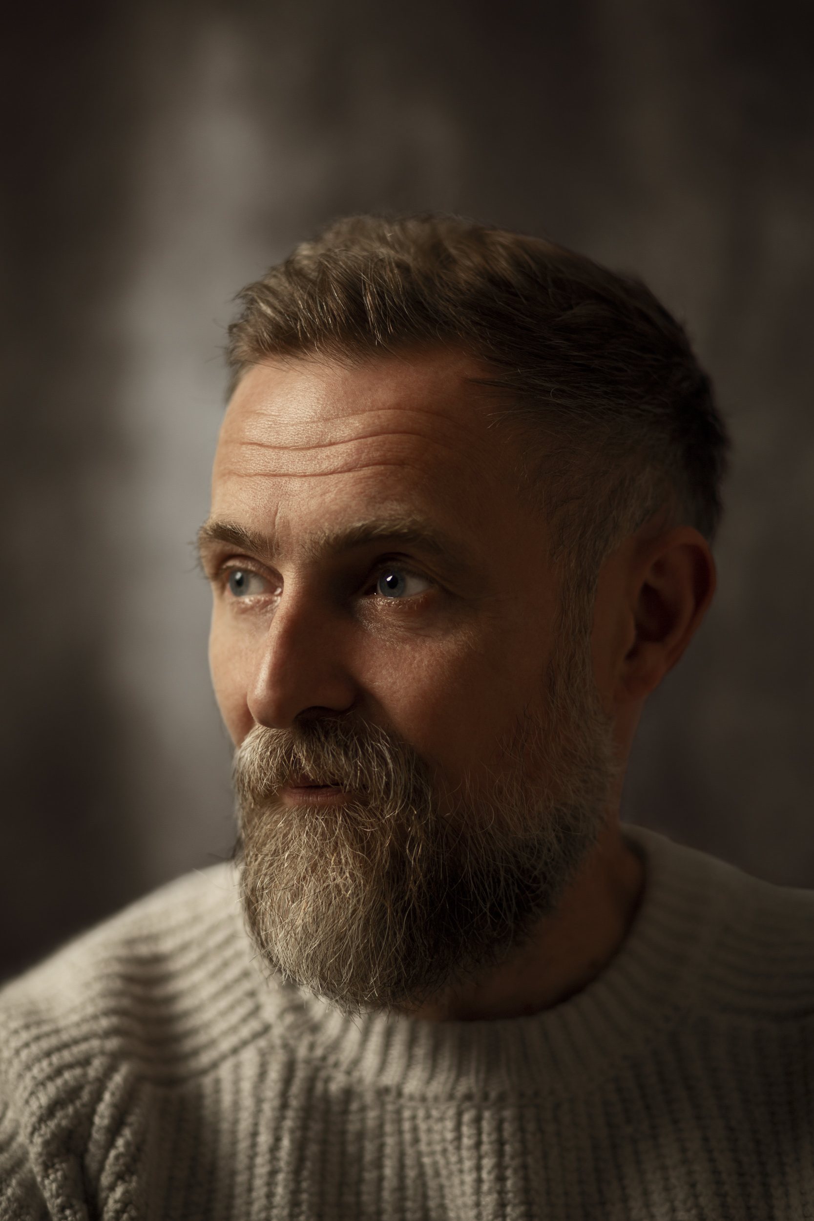 Studio portrait of painter and artist Dom Gray in his workshop
