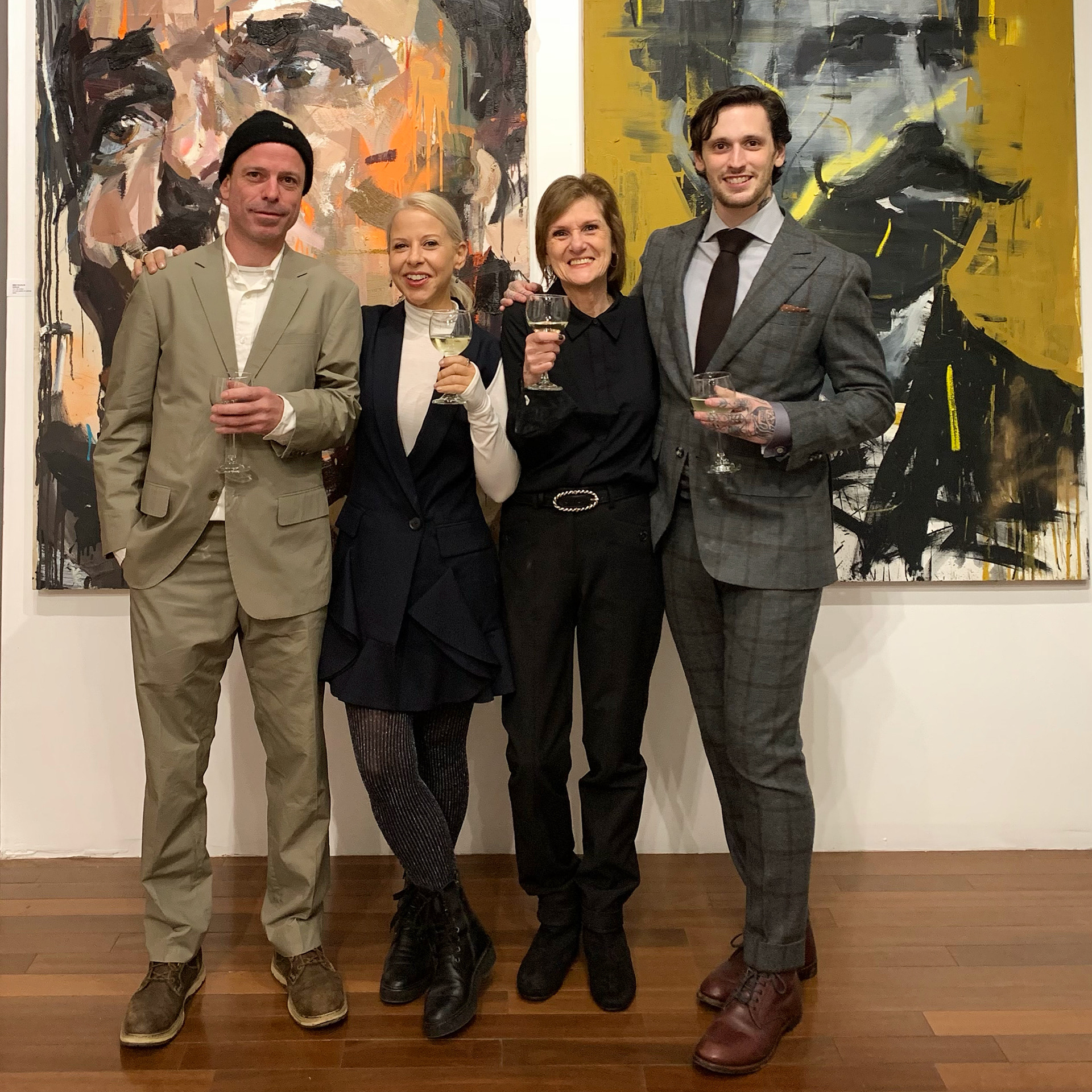 Gallerist Elaine Fleck with artists Tim Merrett, Kathy Kissik, Mike Rachlis