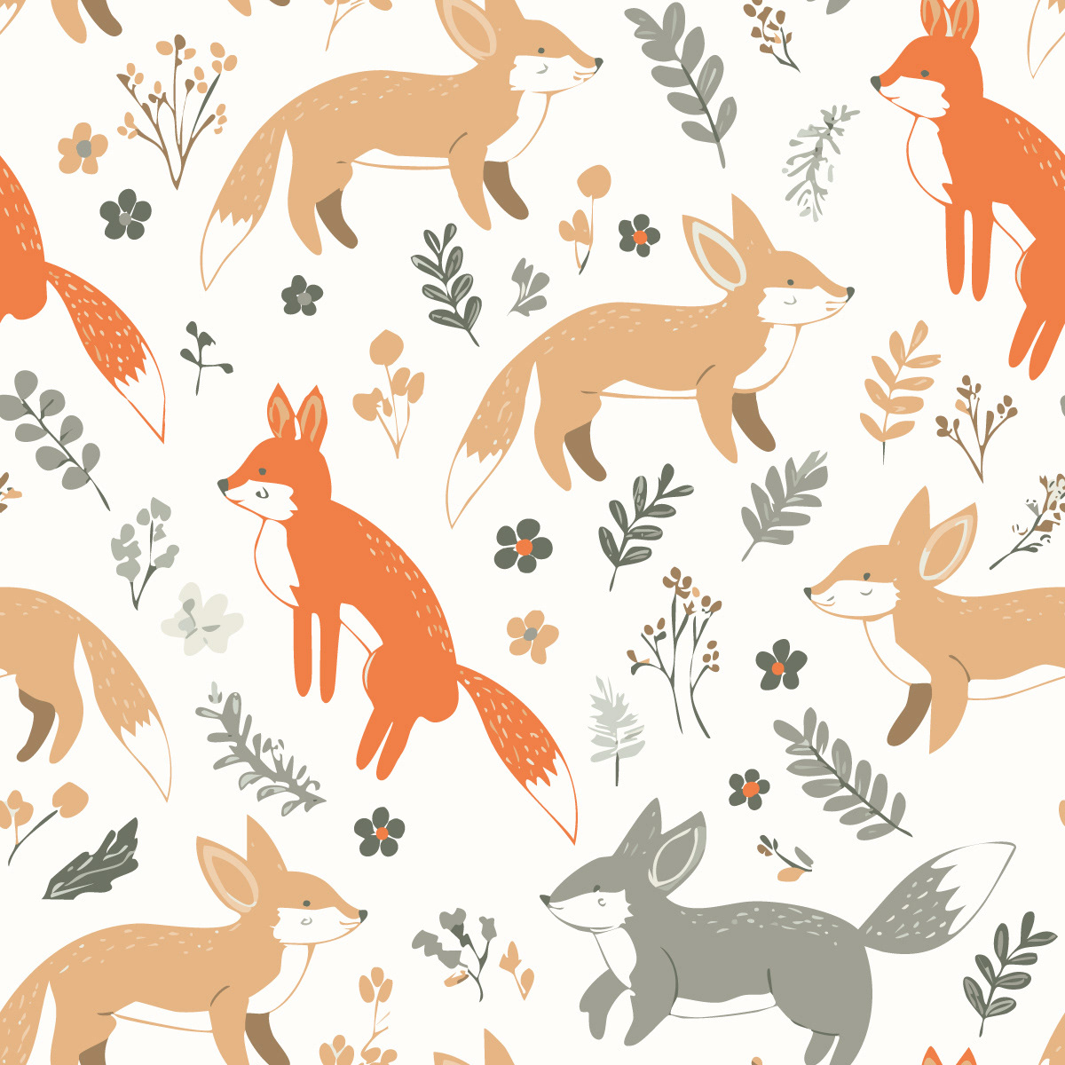Cute Woodland Foxes in Beige, Orange + Sage Green