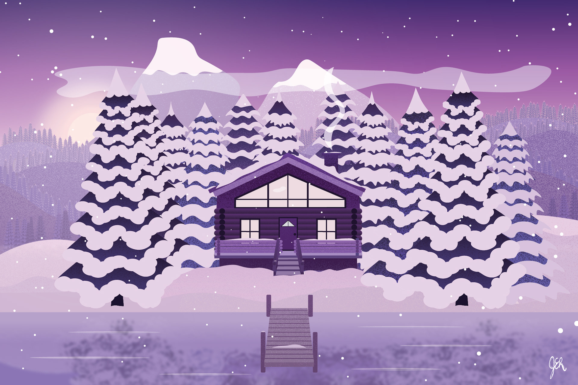 Winter Cabin Scene Created in Adobe Illustrator from a Yes, I'm a Designer Community Brief
