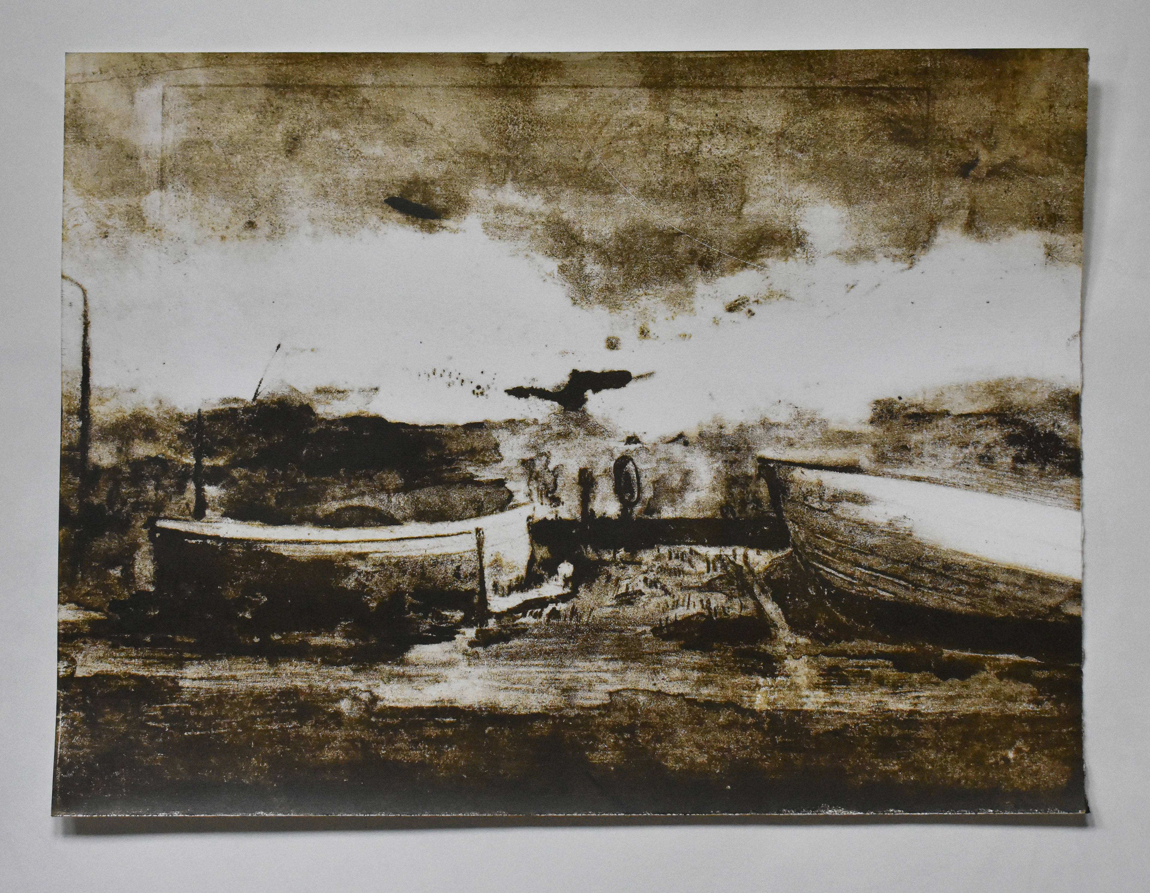'Boats at Ballantrae'. Lithograph on paper. 38 x 28cm.