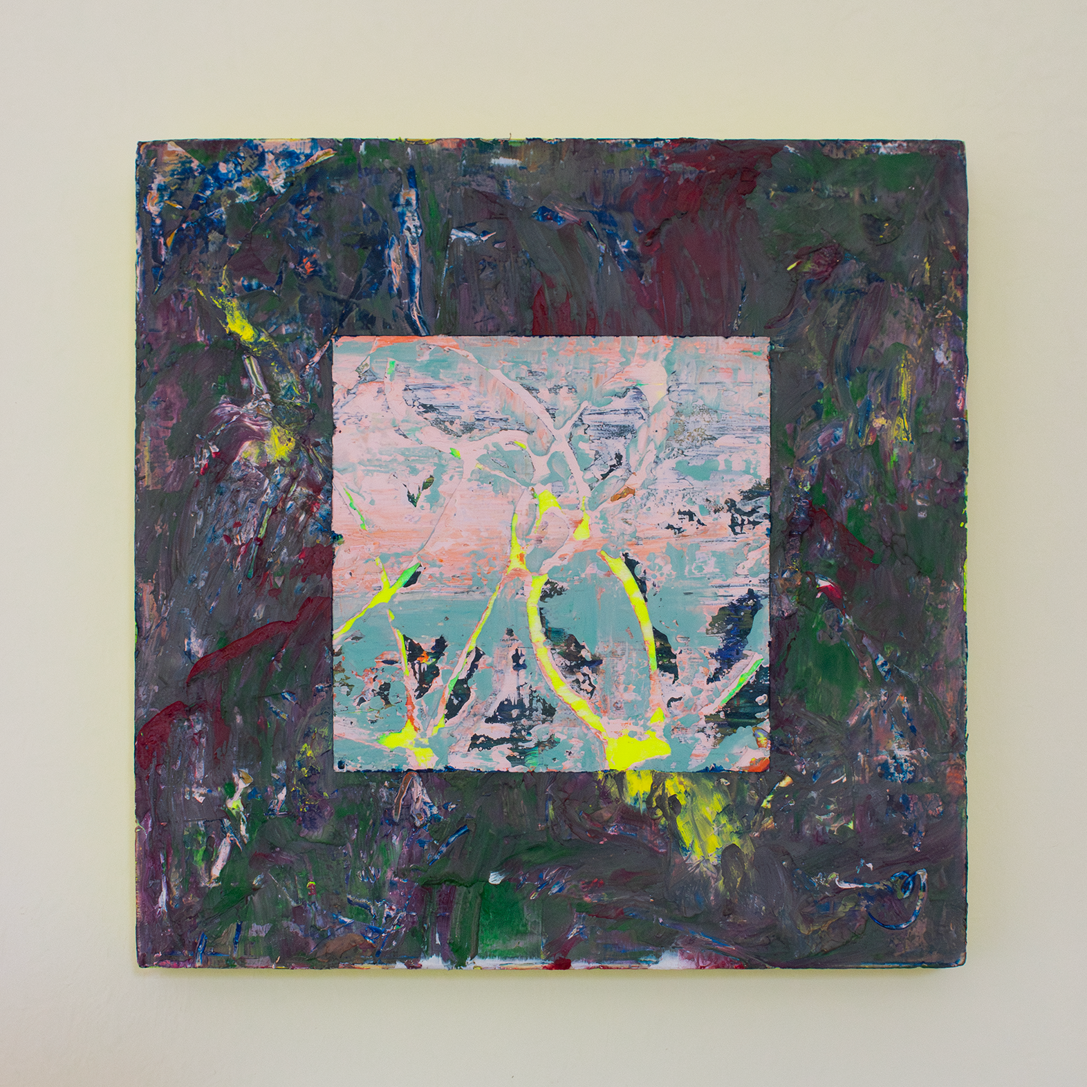 Front view of textural abstract painting with thick impasto surface with colours of deep purple, blood red, green and yellow. In the centre there is a cut away square exposing a soft pink and blue textural underpainting with some thin areas of neon yellow peaking through. The edges of the painting are neon yellow and make a soft yellow glow against the while wall.