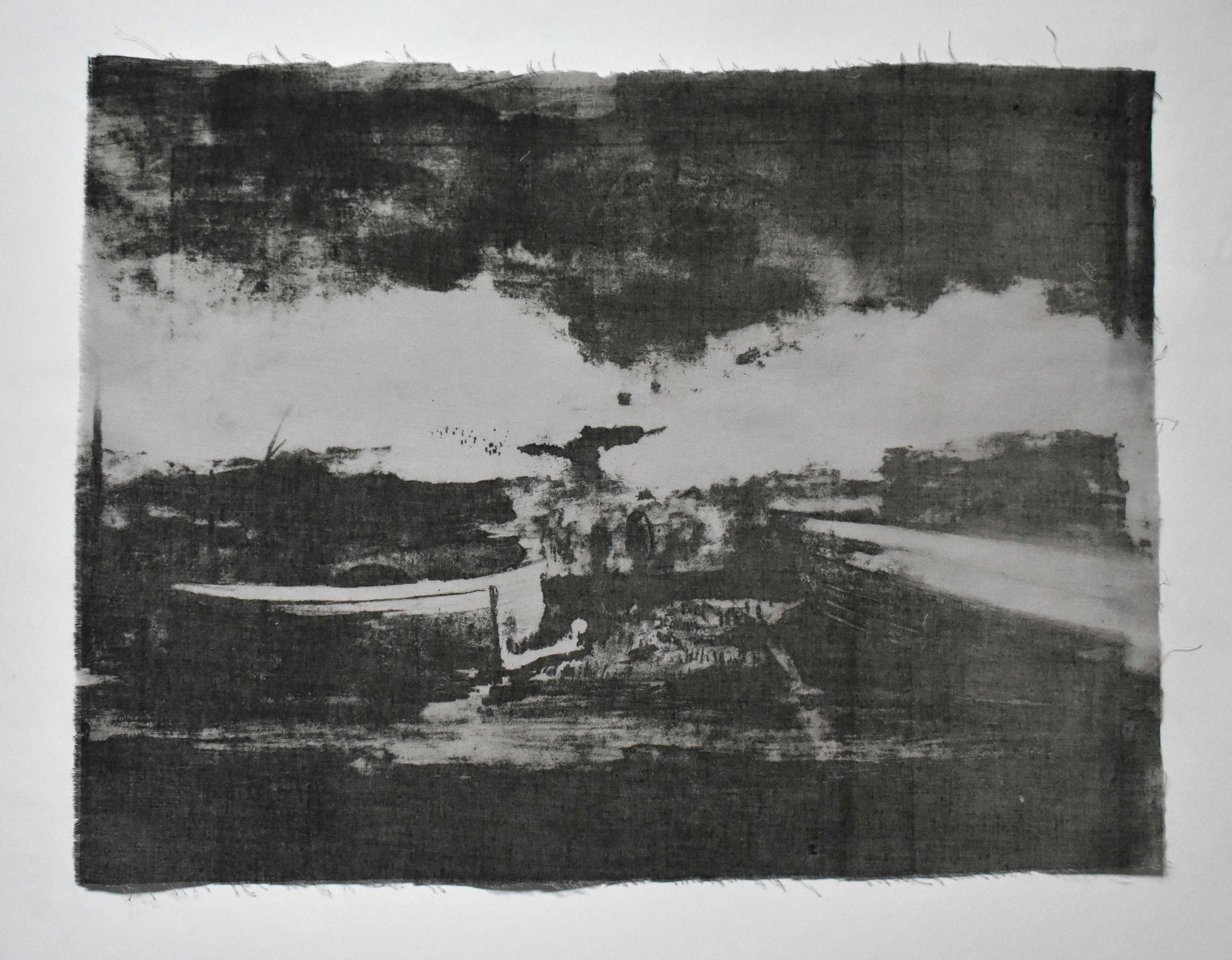 'Boats at Ballantrae'. Lithograph on cotton. 38 x 28cm.