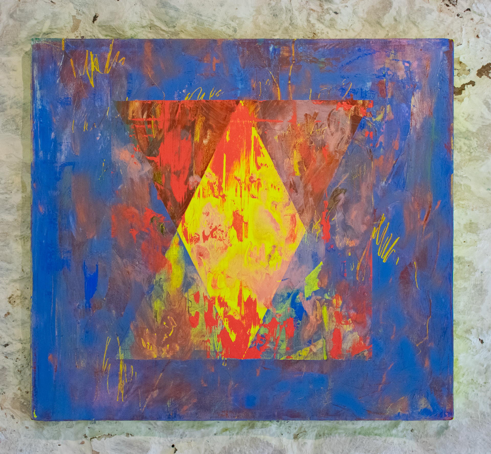 Textural oil painting with layered colours of blues, yellows, reds and brown. Gestural mark making on the surface of the painting with marks exposing a striking flourescent yellow layer of paint at the earliest layer. The edges are painted this same fluorescent yellow and glow against the clean white wall that the piece is hung on. Titled: .Untitled (A reason, a season, a lifetime) pt.2. Oil on canvas 60x60cm. £850