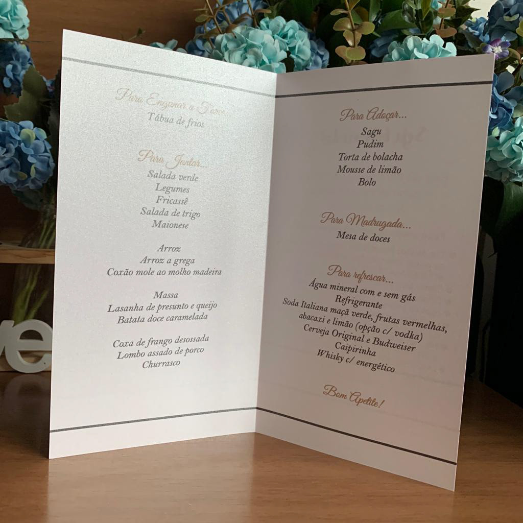 Menu feito em papel Aspen branco, gramatura 180