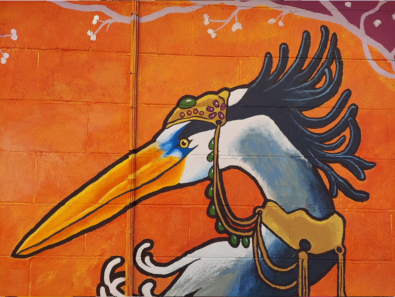 "Erin the Great Blue Heron" Close Up - Collaboration with Julie Kitzes - 2021 -400+ sq. ft. - Fort Collins Mural Project - Located at 317 Remington St. in Ft. Collins, Colorado