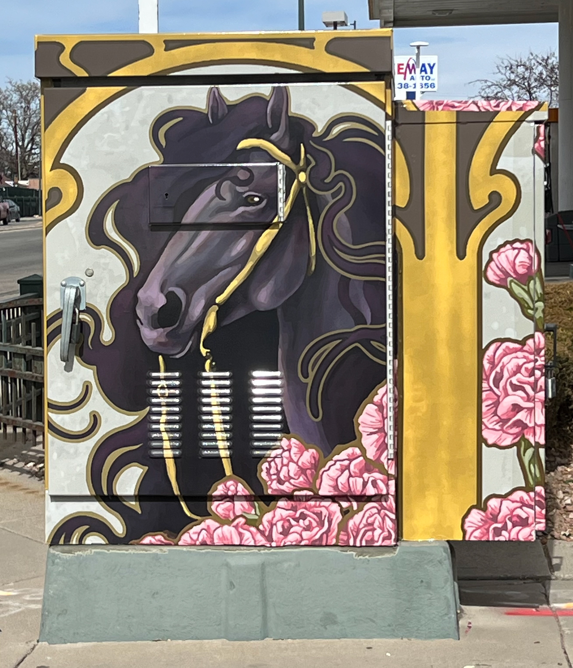 "Nouveau Stallions" Vinyl Traffic Box - 2025 - Broadway and Tufts intersection in Englewood, CO