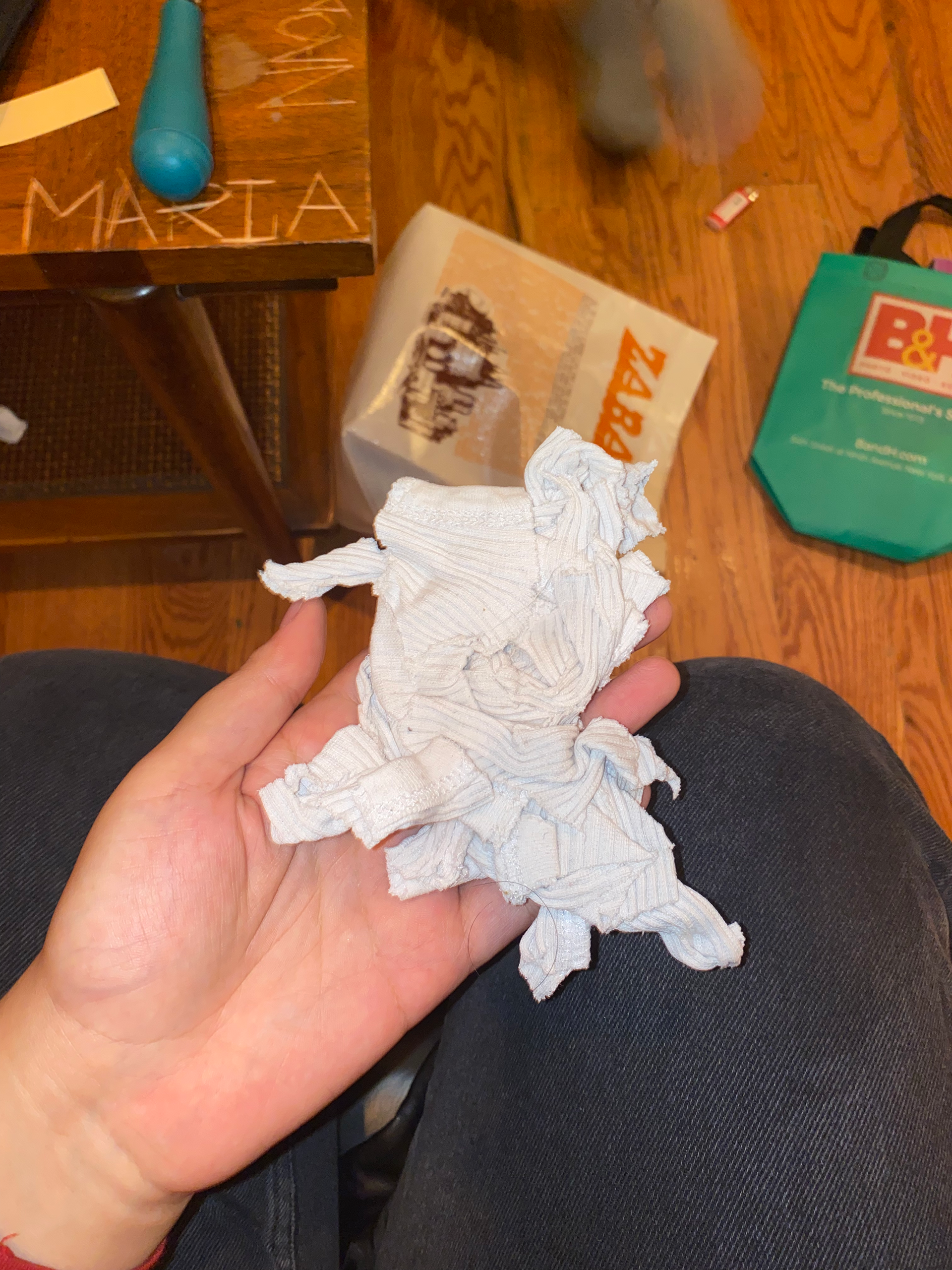 1st attempt at making the biofabric. T-shirt scraps were scrunched together and the algae/gelatin mixture had different ratios.