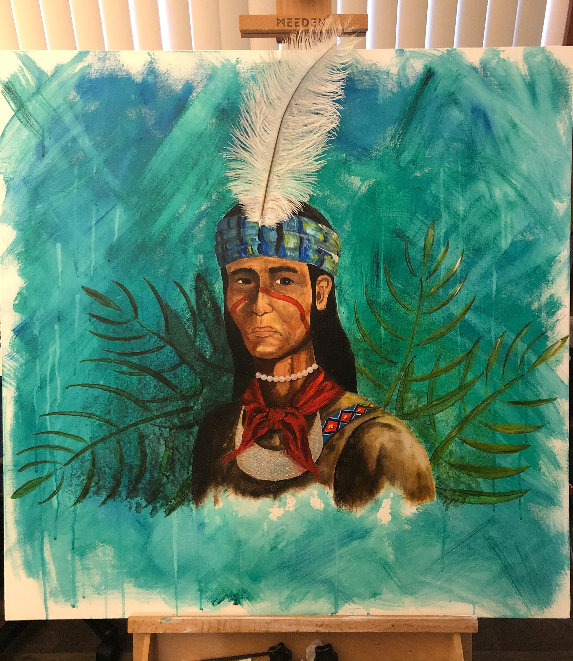 Oil and Watercolor painting on canvas, embellished with silver leafing, beads and feather. Seminole Native American warrior. 36'X36'