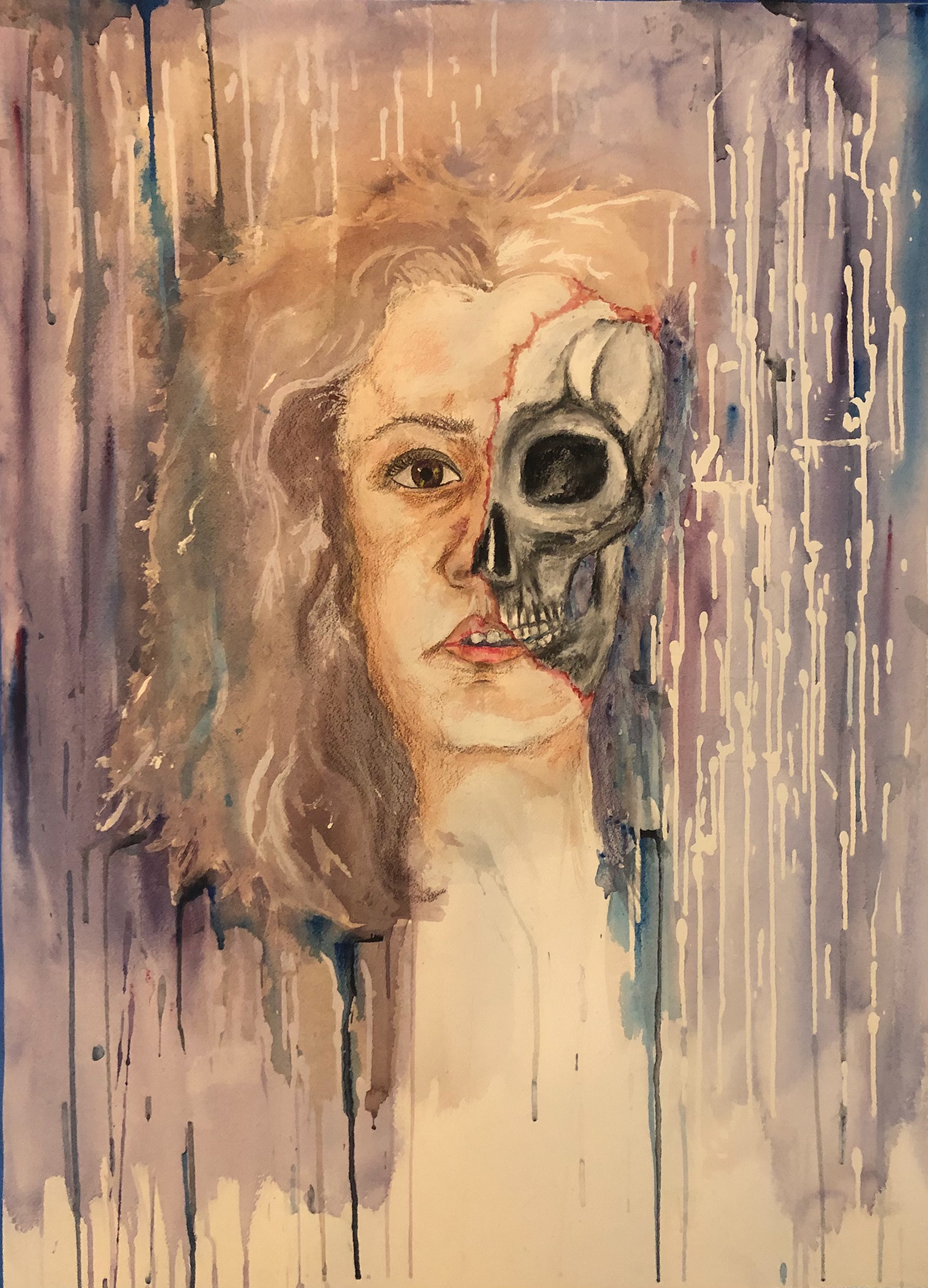 Self Portrait- Margarine: watercolor, charcoal, prismacolor pencil and frisket on watercolor paper. 24'X32'
