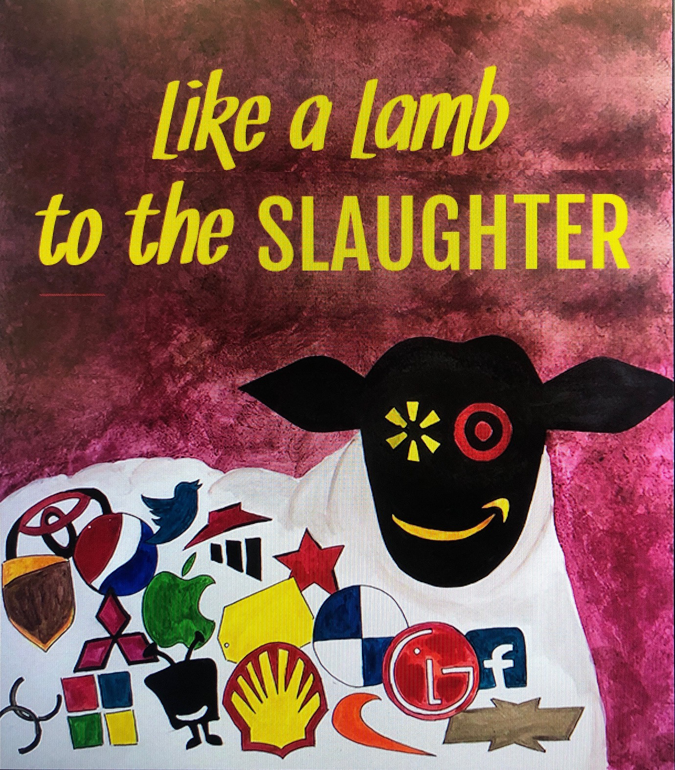 Propaganda poster, Color Indian ink, digital. A look at today sociality need for products. 18'X24'