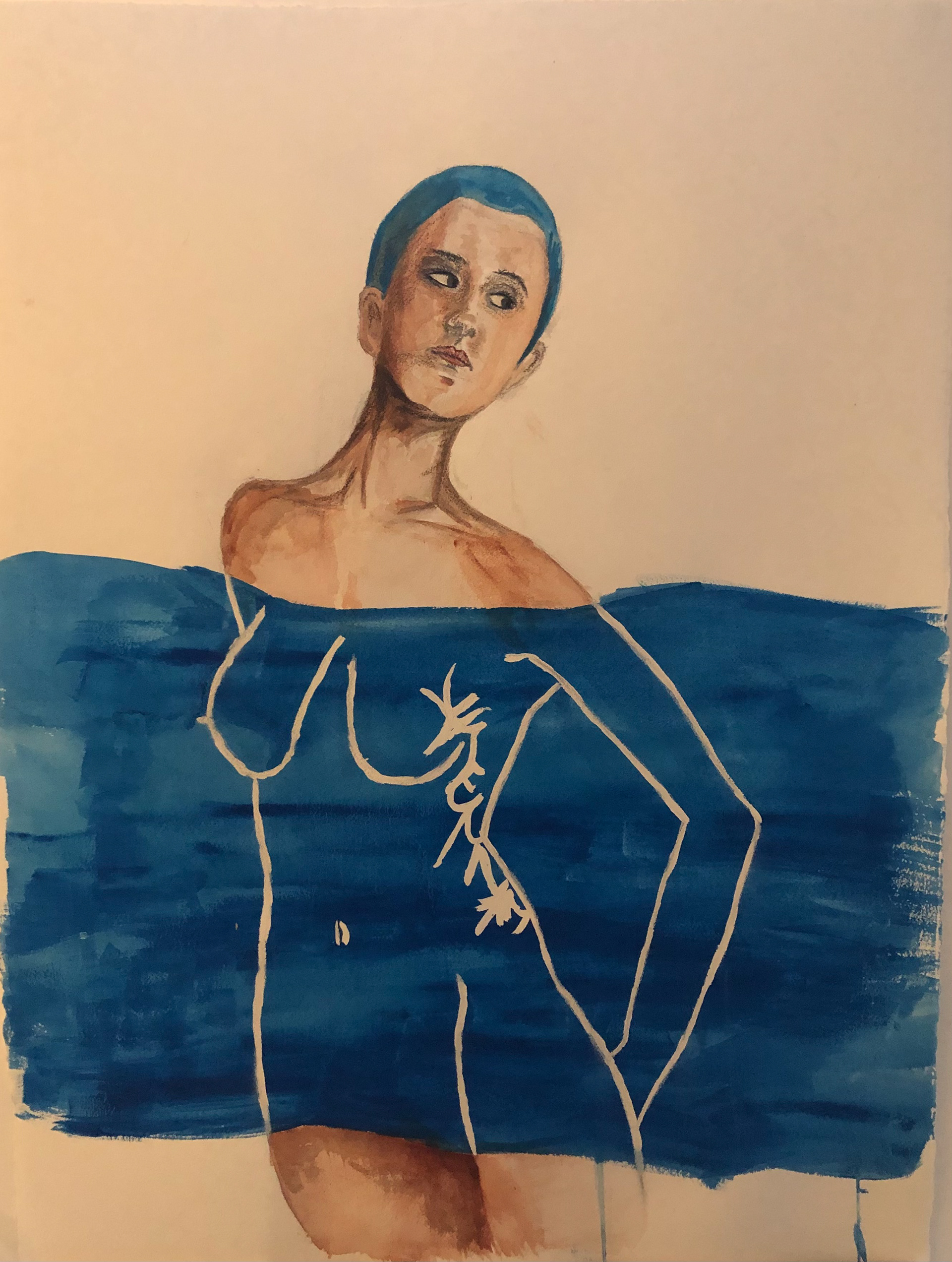 Watercolor, prismaocolor pencil and frisket on watercolor paper. 24'X32"