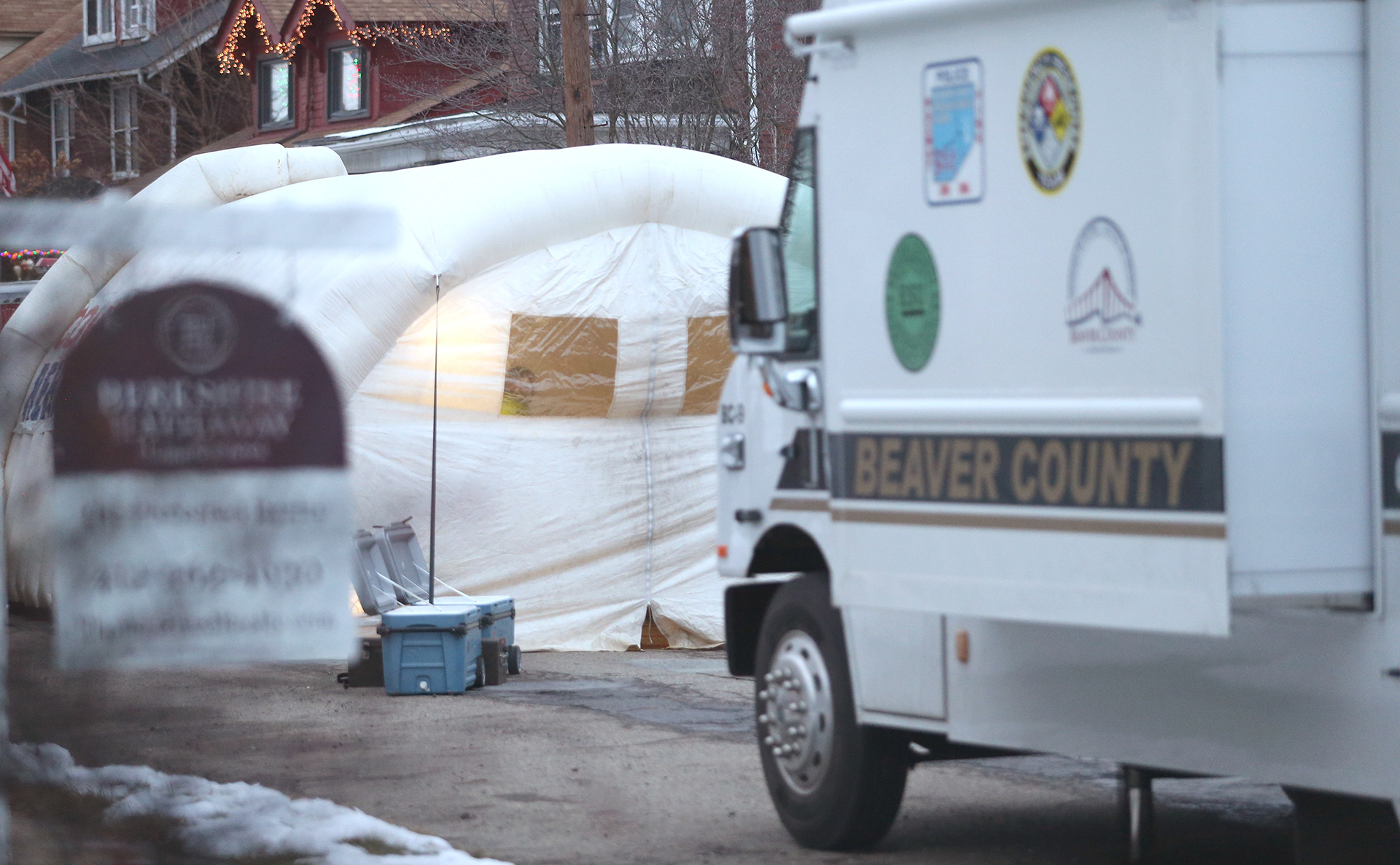 A warming tent for first responders is seen setup outside of the residence where tragedy struck in the 900 block of Maplewood Avenue in Ambridge, Pennsylvania on February 22, 2021. (Photo By: Michael Longo/For BCT)