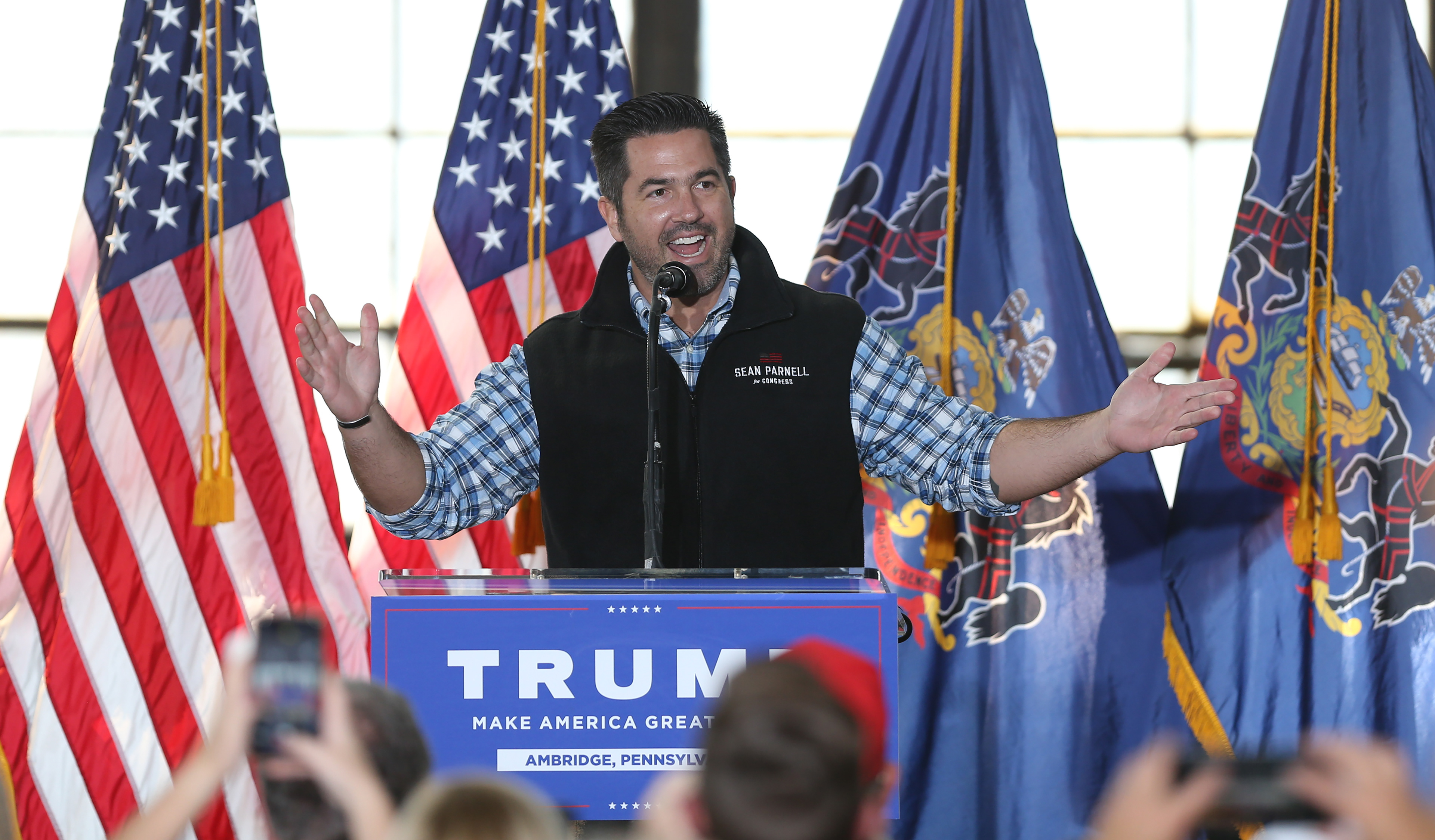 AMBRIDGE, PA - OCTOBER 22: Pennsylvania Republican congressional candidate Sean Parnell speaks about corruption in the government prior to introducing President Donald Trump’s son Eric Trump in Ambridge, PA on October 22, 2020. (Photo by Michael Longo/Icon Sportswire)