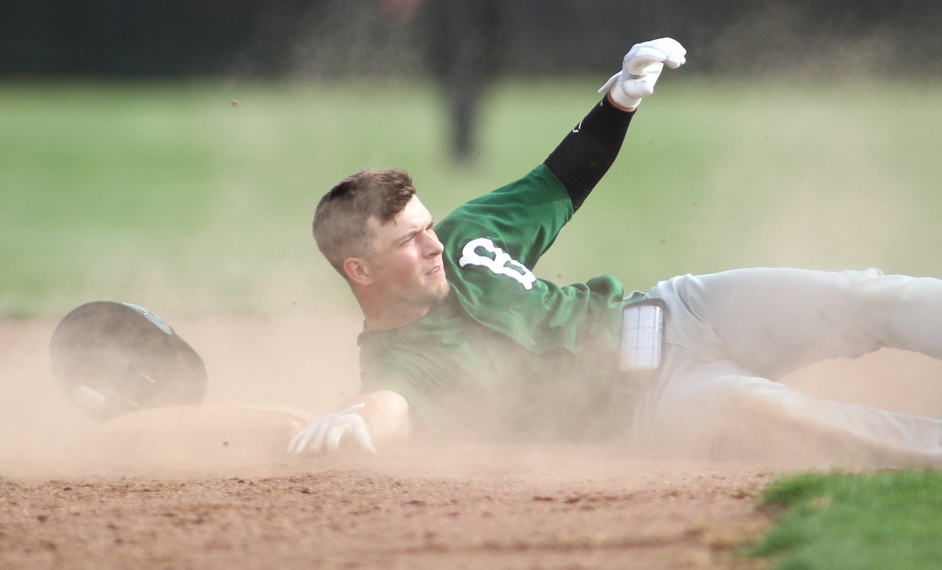 Bethany Bison's Outfielder Seth Gordon looks for the Umpires call after attempting to steal second base during the Bethany Bison Vs Geneva Golden Tornados game. (Michael Longo/Bethany Athletics)