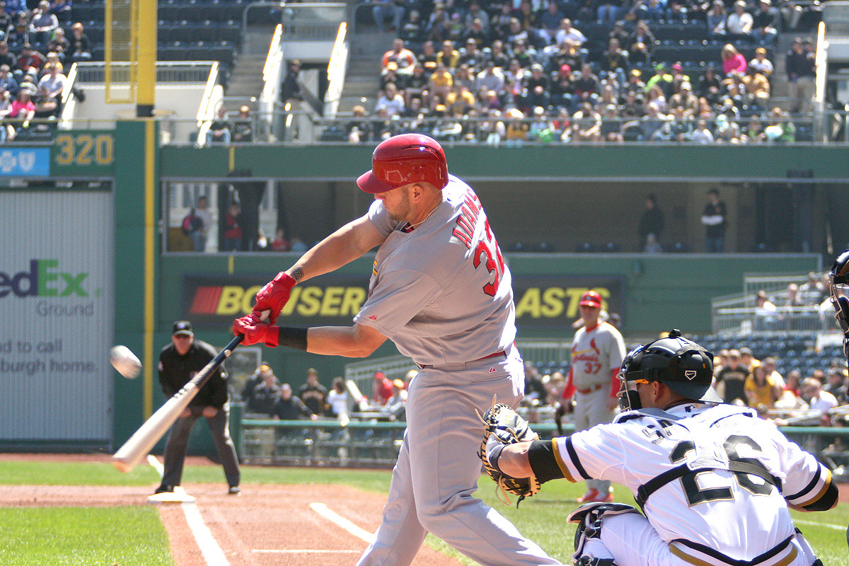 St. Louis Cardinals First Basemen Matt Adams fouls off a pitch thrown by Pittsburgh Pirates Tony Watson during the third inning at PNC Park in Pittsburgh Pennsylvania. (Michael Longo/Ai Wire)