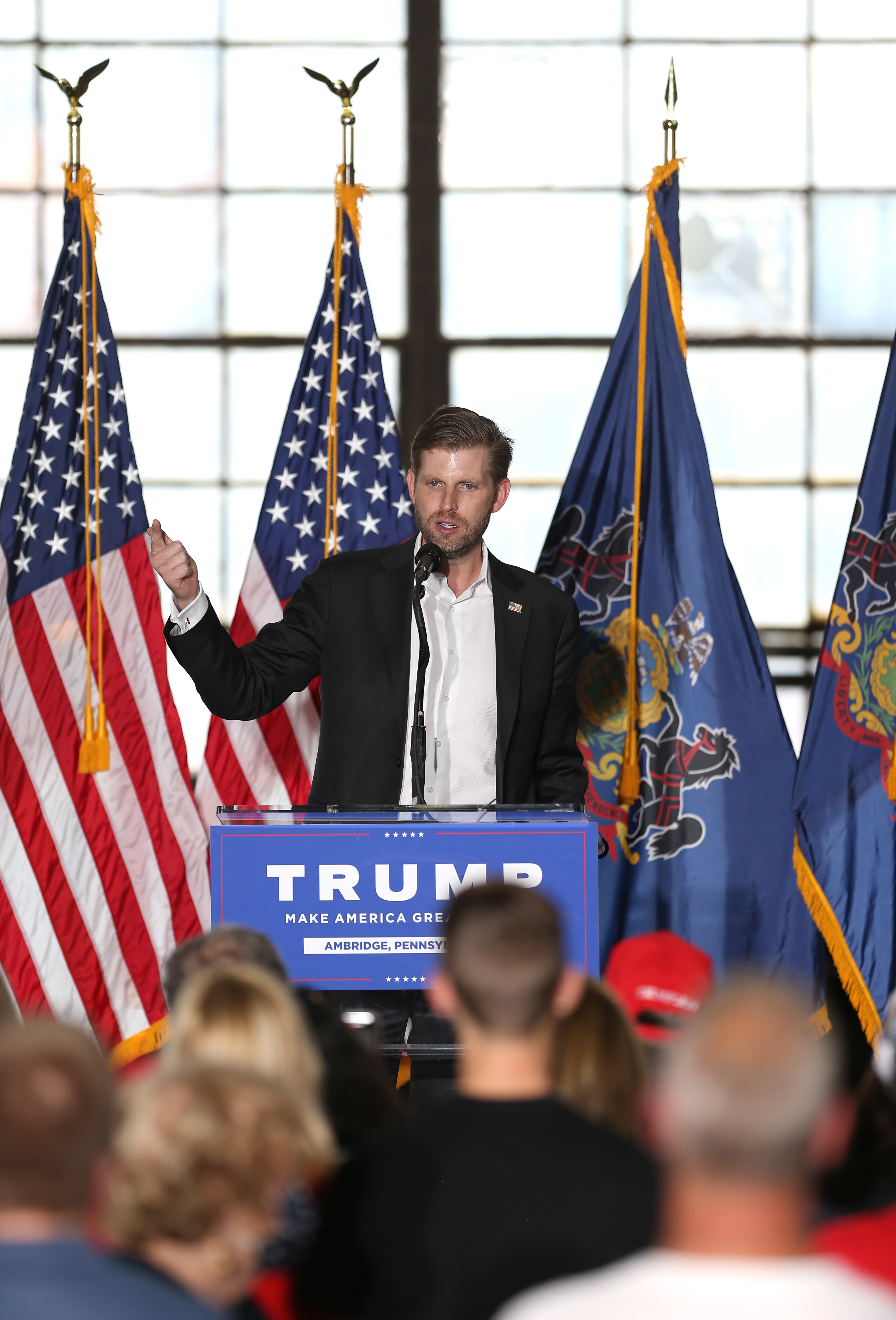AMBRIDGE, PA - OCTOBER 22: Eric Trump gives the attendees reasons to vote for his father, Donald Trump, during the Make America Great Again Rally in Ambridge, PA on October 22, 2020. (Photo by Michael Longo/Icon Sportswire)
