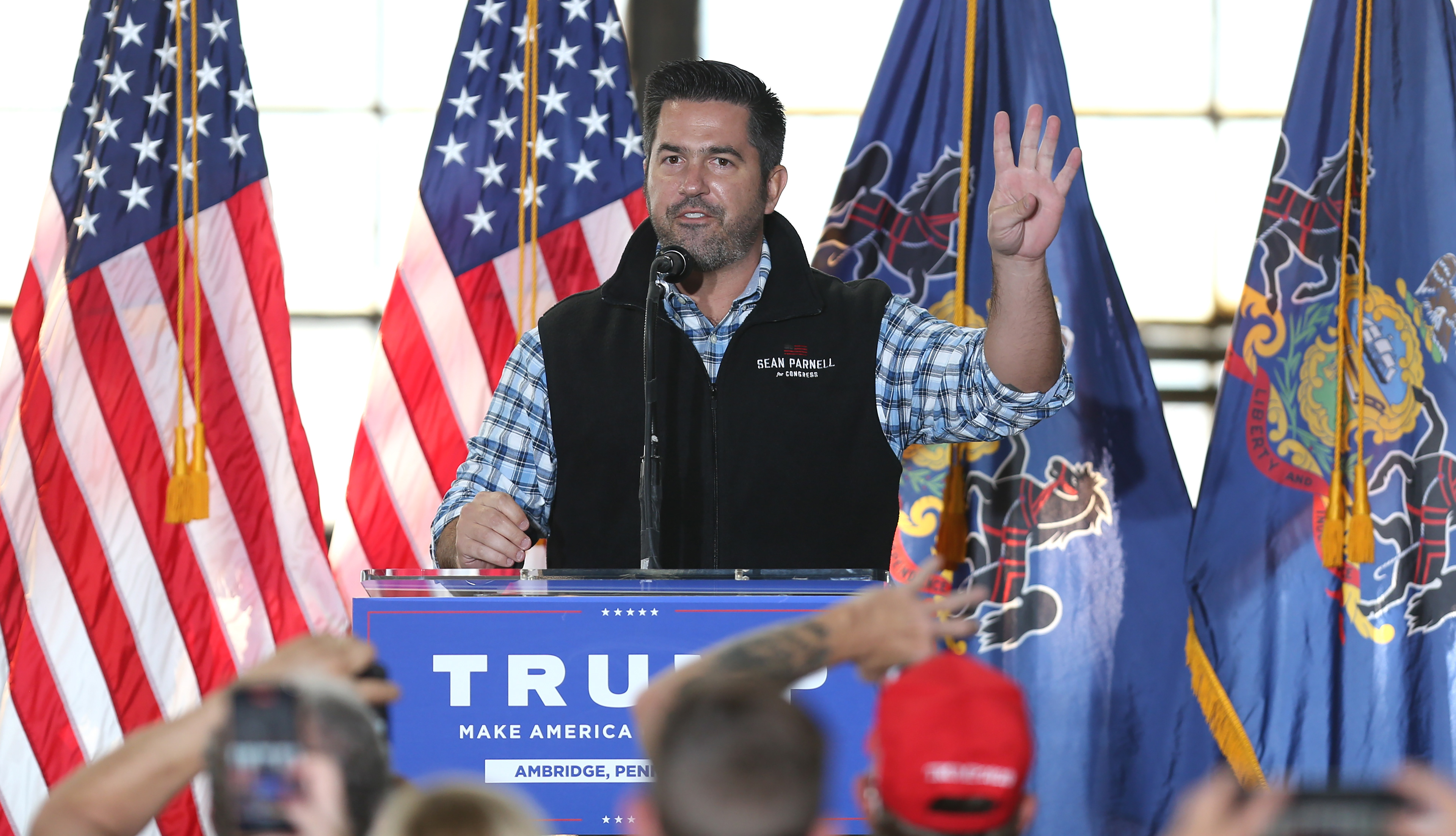 AMBRIDGE, PA - OCTOBER 22: Pennsylvania Republican congressional candidate Sean Parnell gets the crowd to chant “Four more years” during the Make America Great Again Rally in Ambridge, PA on October 22, 2020. (Photo by Michael Longo/Icon Sportswire)