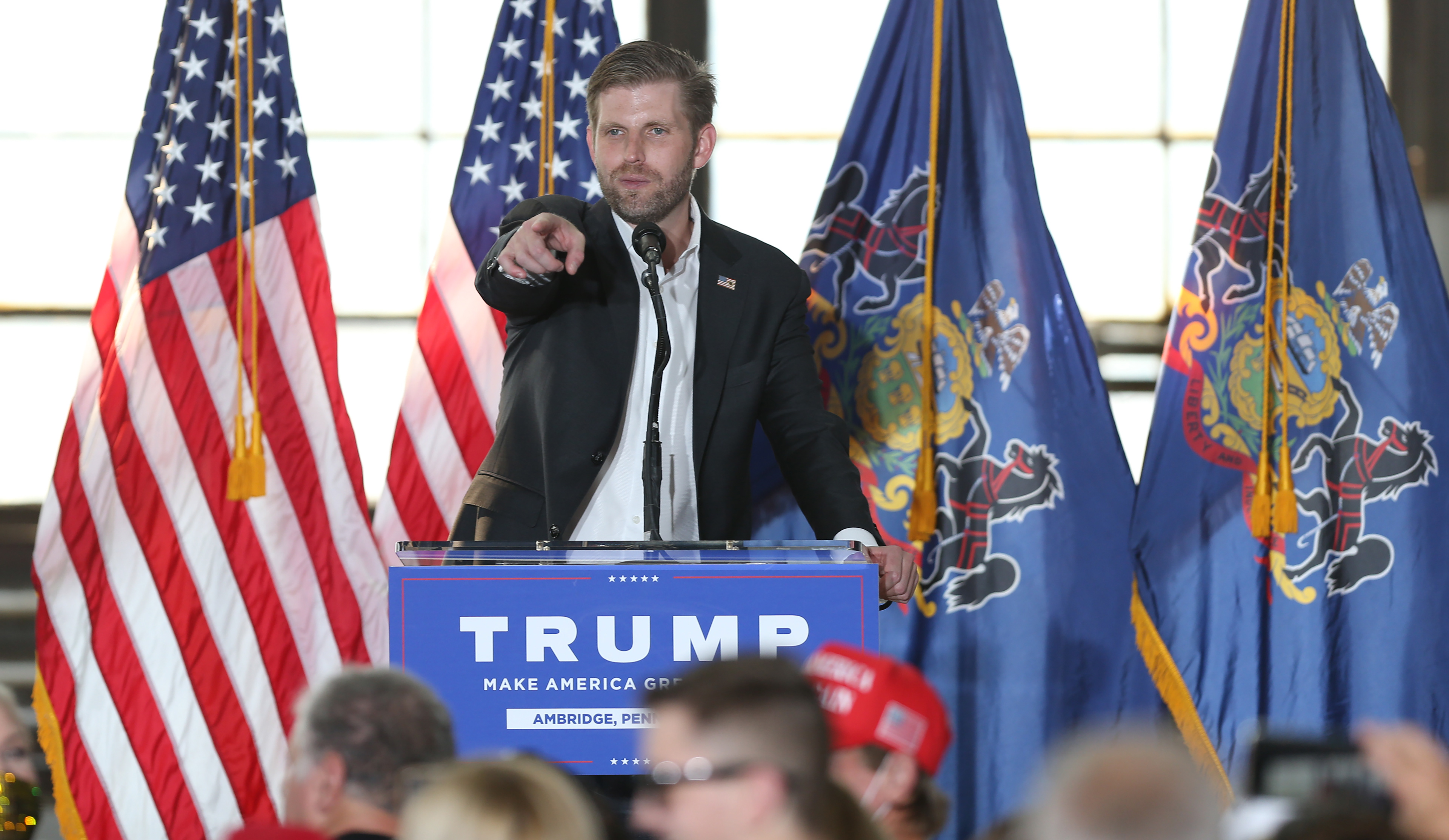 AMBRIDGE, PA - OCTOBER 22: Eric Trump points to a steel worker during the Make America Great Again Rally in Ambridge, PA on October 22, 2020. (Photo by Michael Longo/Icon Sportswire)