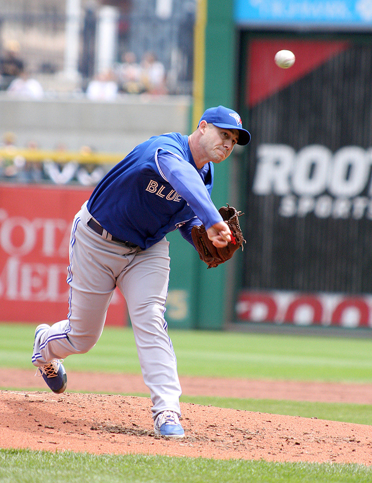 Toronto Blue Jays Pitcher Dustin McGowan delivers a pitch to Pittsburgh Pirates Center Fielder Andrew McCutchen during the 4th inning at PNC Park in Pittsburgh Pennsylvania. (Michael Longo/Ai Wire)