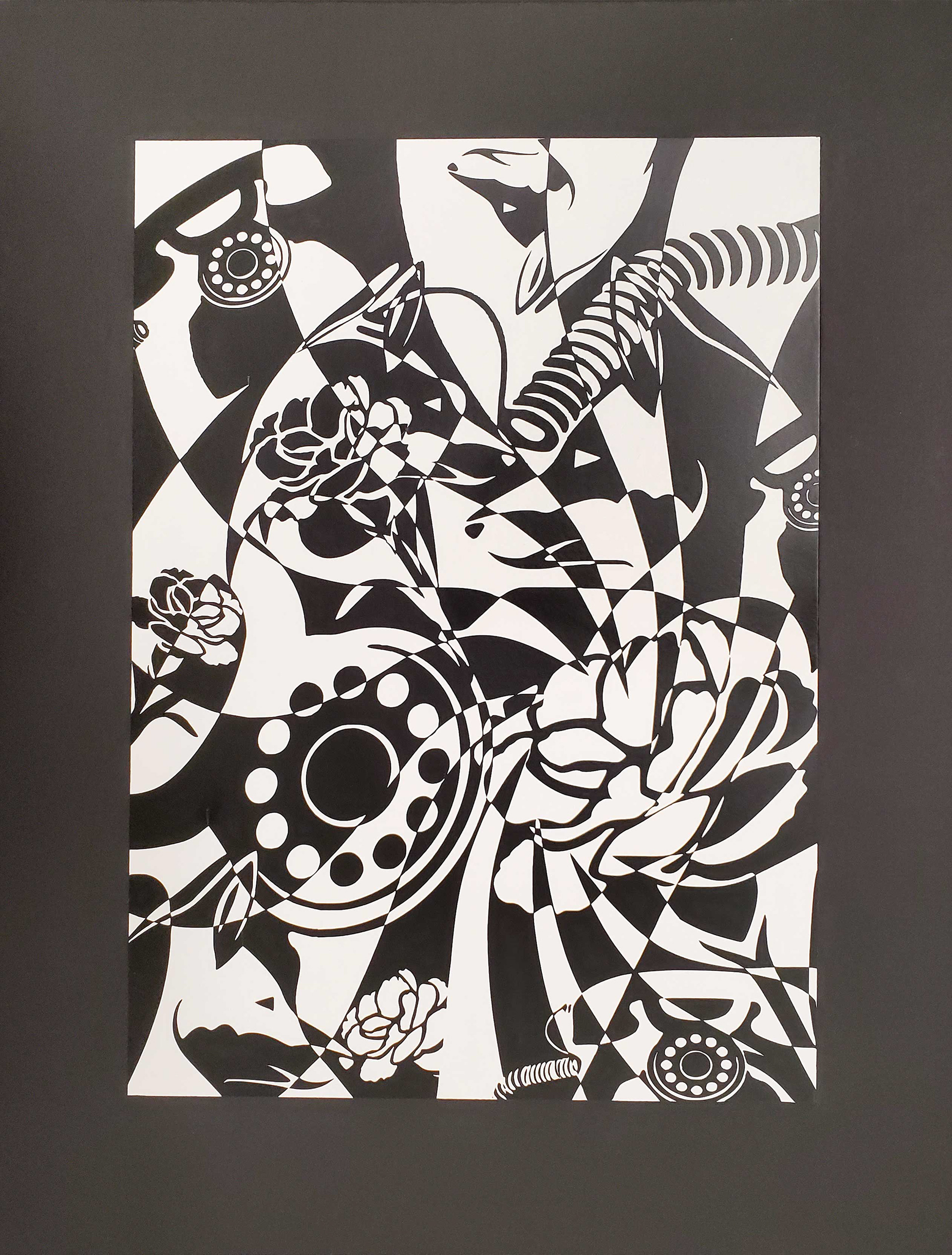 Collage of Spiral Background with Three Icons, Adobe Illustrator, Photoshop, Vinyl, Watercolor Paper, on Black Foam Board